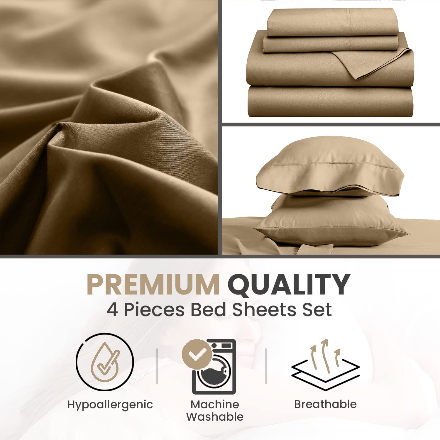 Ensemble de draps 4 pièces beige lin canadien | Très grand | � Draps rafraîchissants ultra doux et respirables en microfibre de 1800 fils -