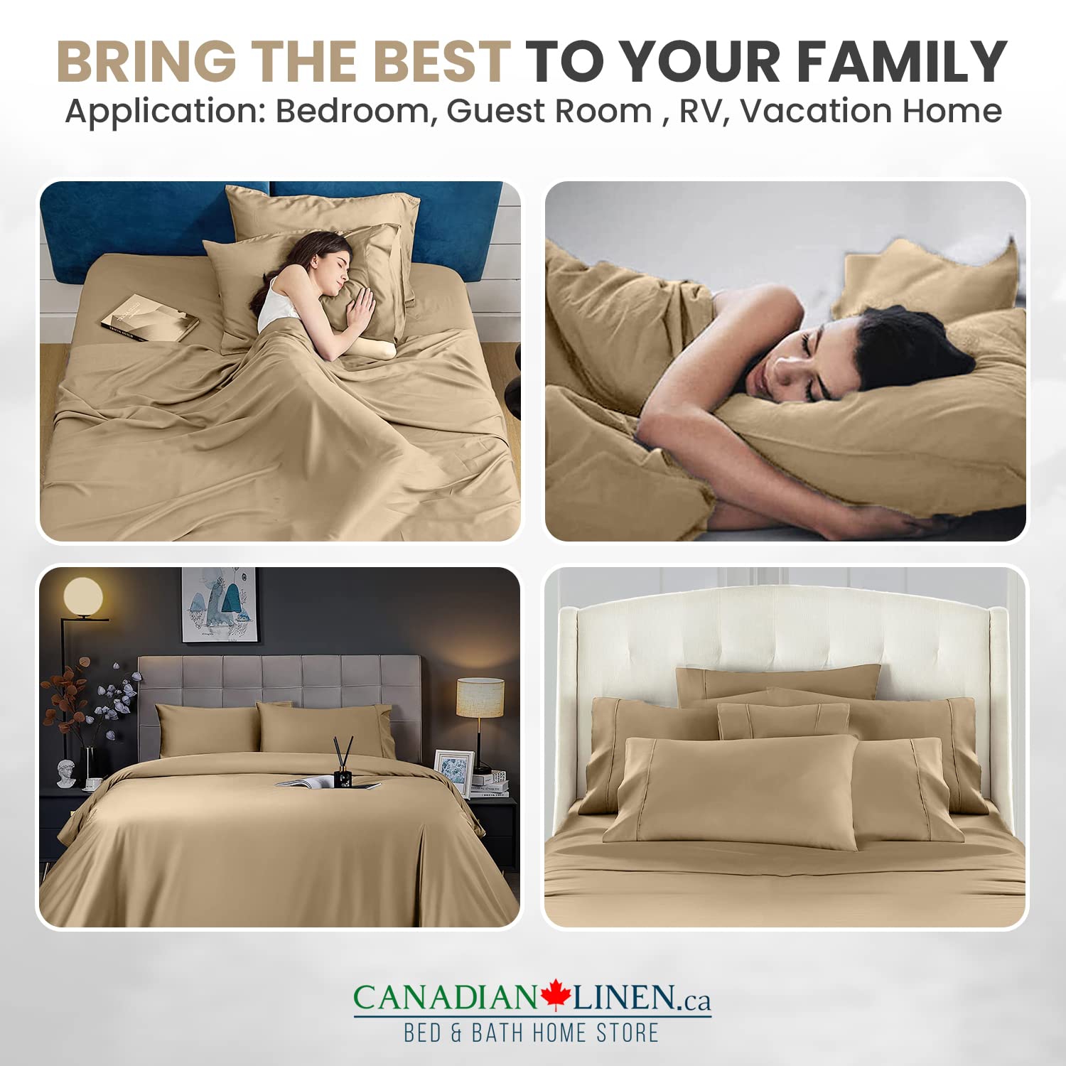 Ensemble de draps 4 pièces beige lin canadien | Très grand | � Draps rafraîchissants ultra doux et respirables en microfibre de 1800 fils -