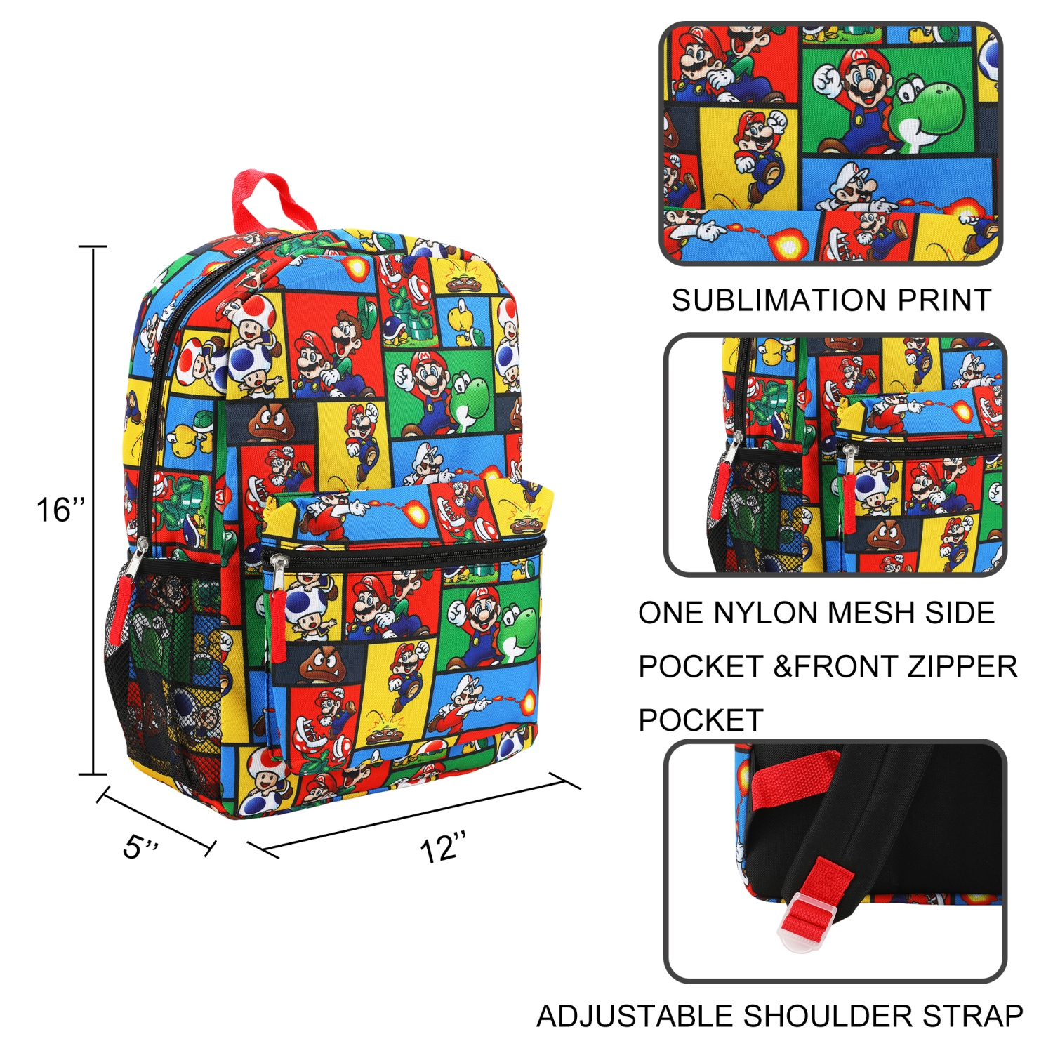 Super Mario Bros. Character Action Shots Kids 16" Backpack