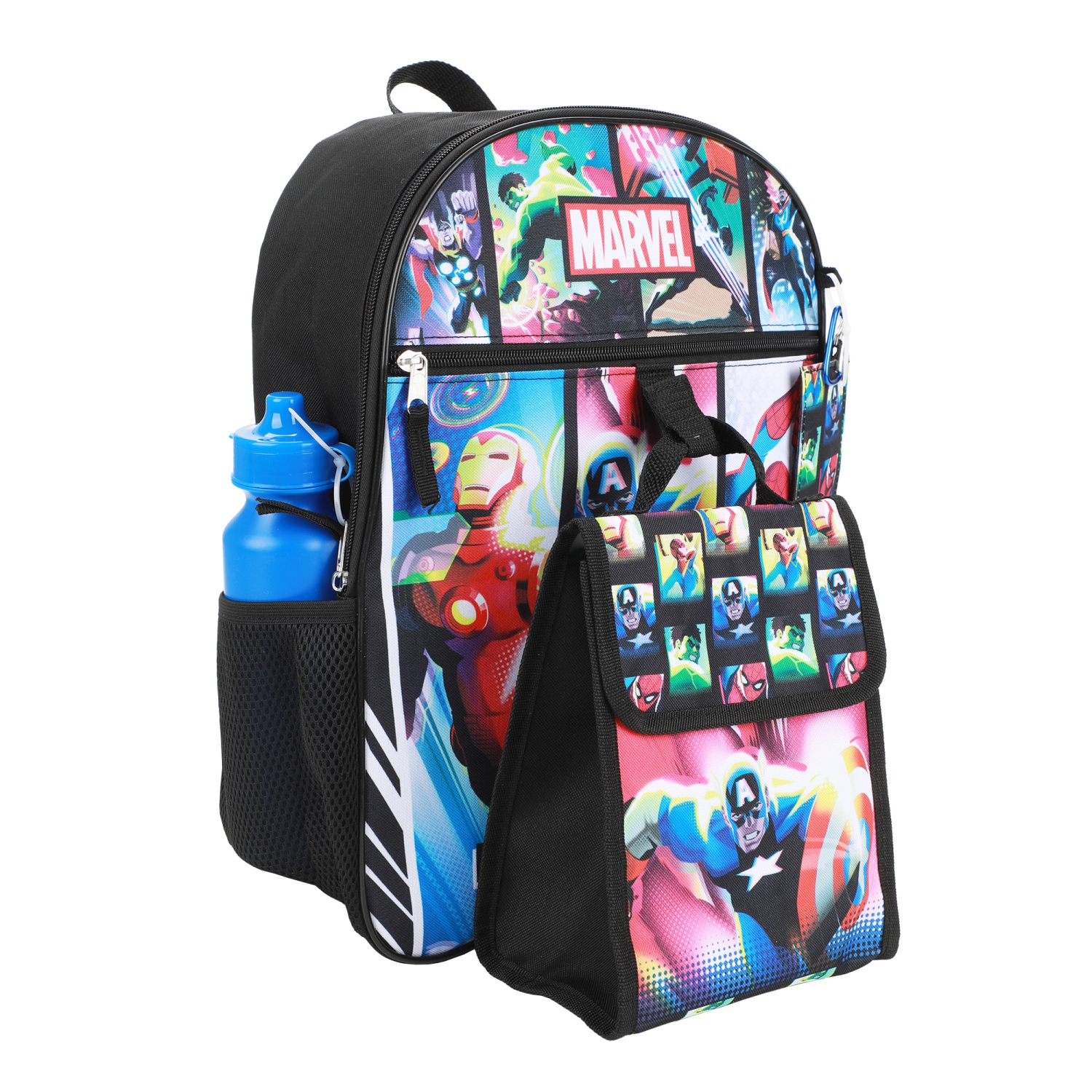 Marvel Avengers Team Up! Kids 16" Backpack and Lunch Bag 5 Piece Set