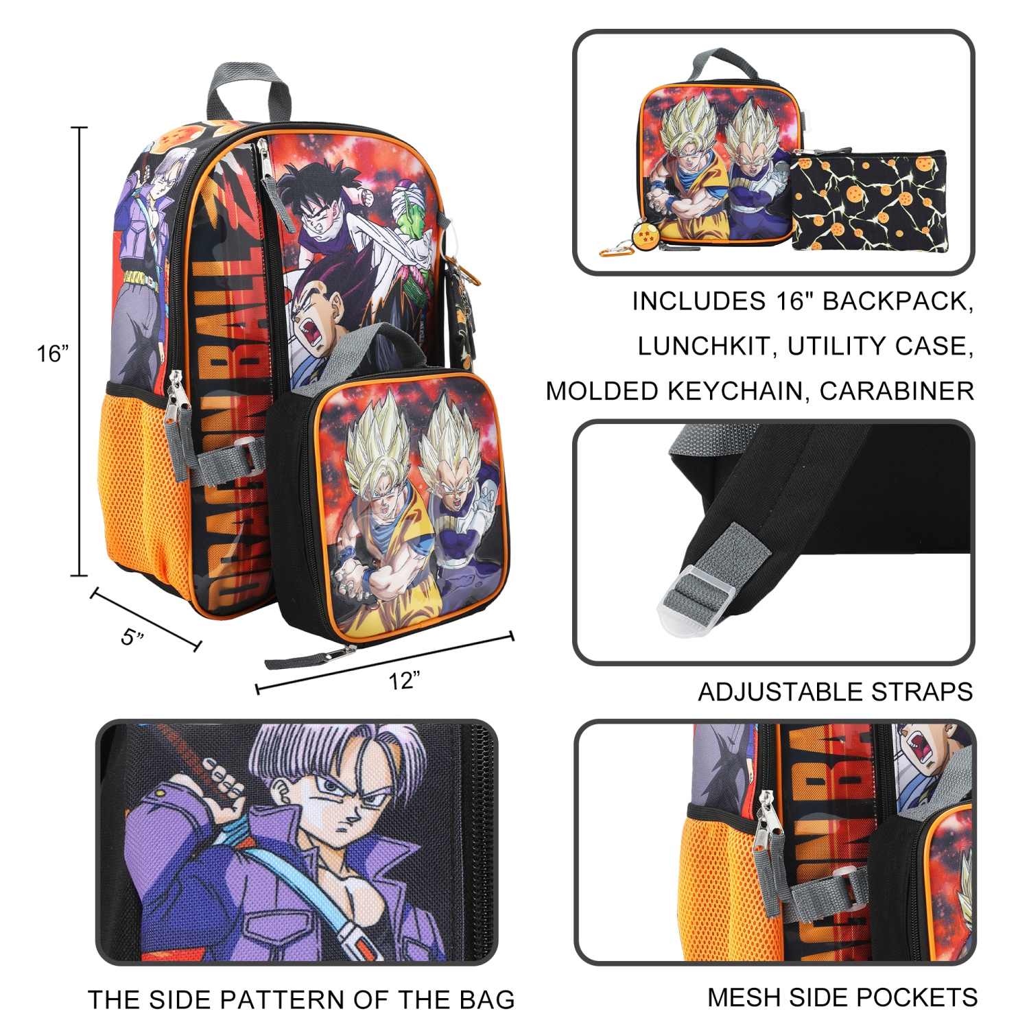 Dragon Ball Z Characters Collage Kids 16" Backpack and Lunch Bag 5 Piece Set