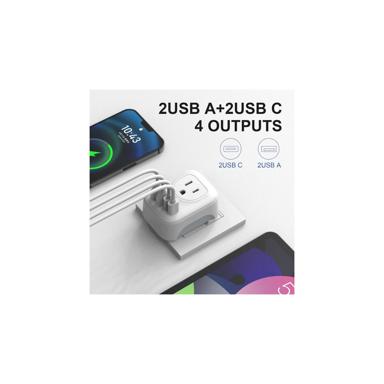 Adaptateur de voyage avec 4 prises c.a. et 2 ports USB-C – Chargeur international pour l'Europe, l'Islande, l'Espagne, l'Italie, la France,