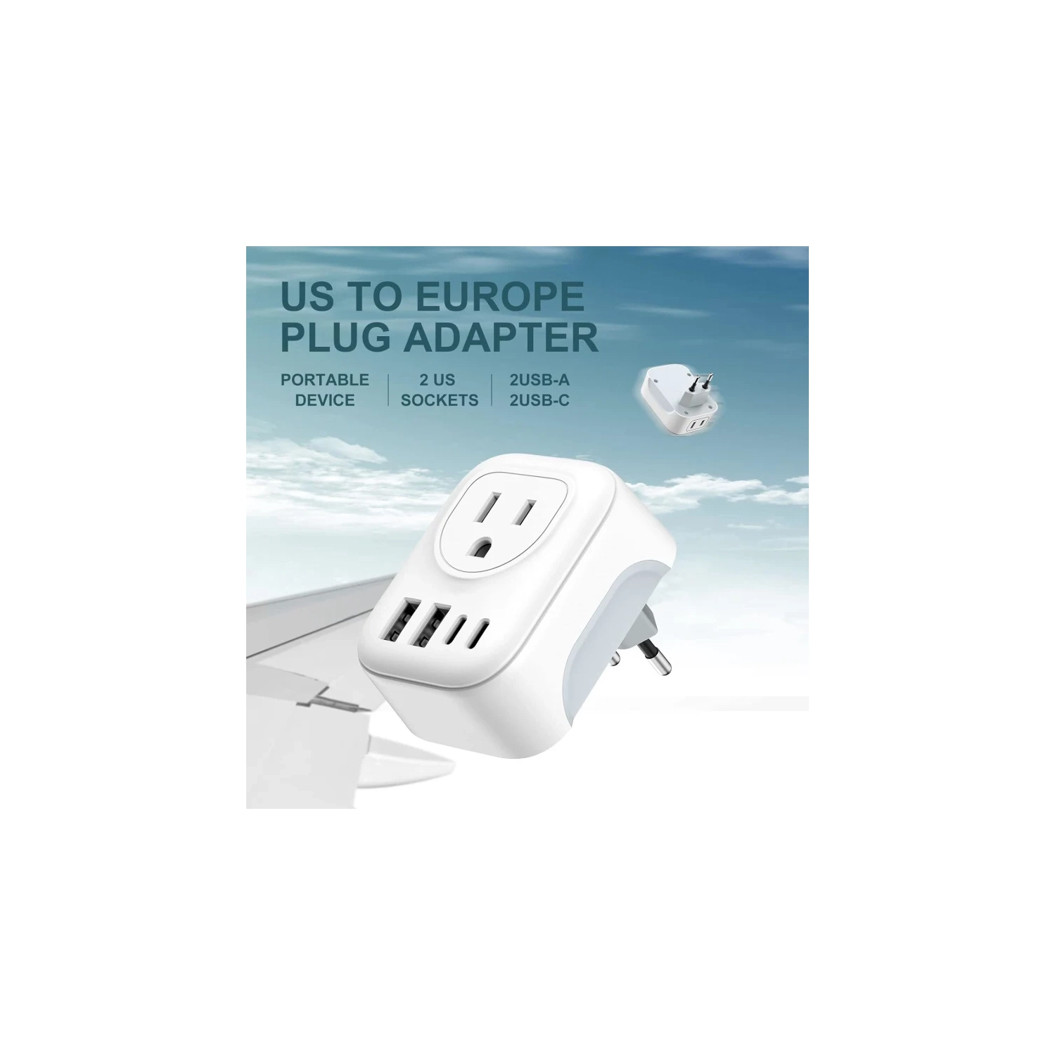 Adaptateur de voyage avec 4 prises c.a. et 2 ports USB-C – Chargeur international pour l'Europe, l'Islande, l'Espagne, l'Italie, la France,