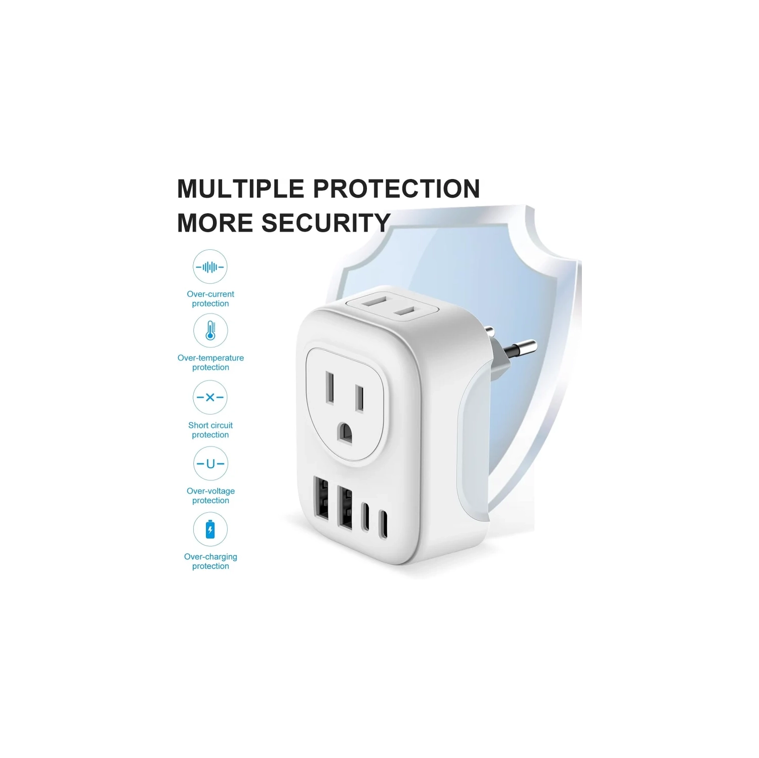 Adaptateur de voyage avec 4 prises c.a. et 2 ports USB-C – Chargeur international pour l'Europe, l'Islande, l'Espagne, l'Italie, la France,