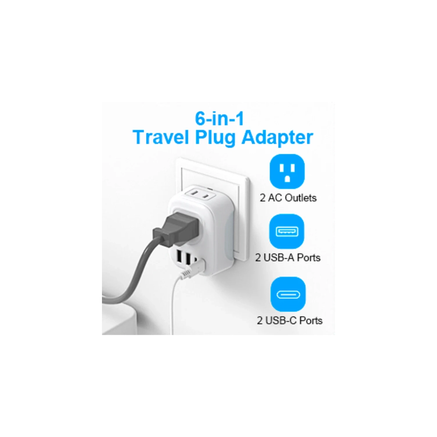 Adaptateur de voyage avec 4 prises c.a. et 2 ports USB-C – Chargeur international pour l'Europe, l'Islande, l'Espagne, l'Italie, la France,