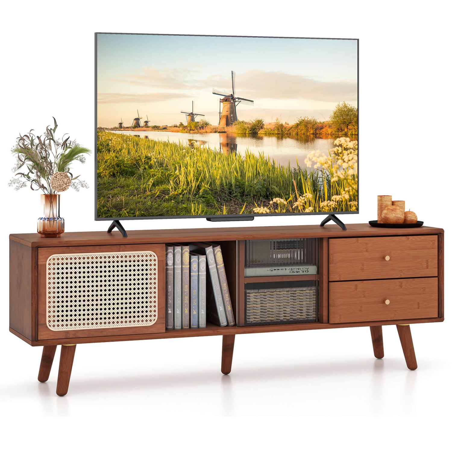Costway Bamboo TV Stand Console Table with PE Rattan Door & 2 Drawers for TV up to 65"