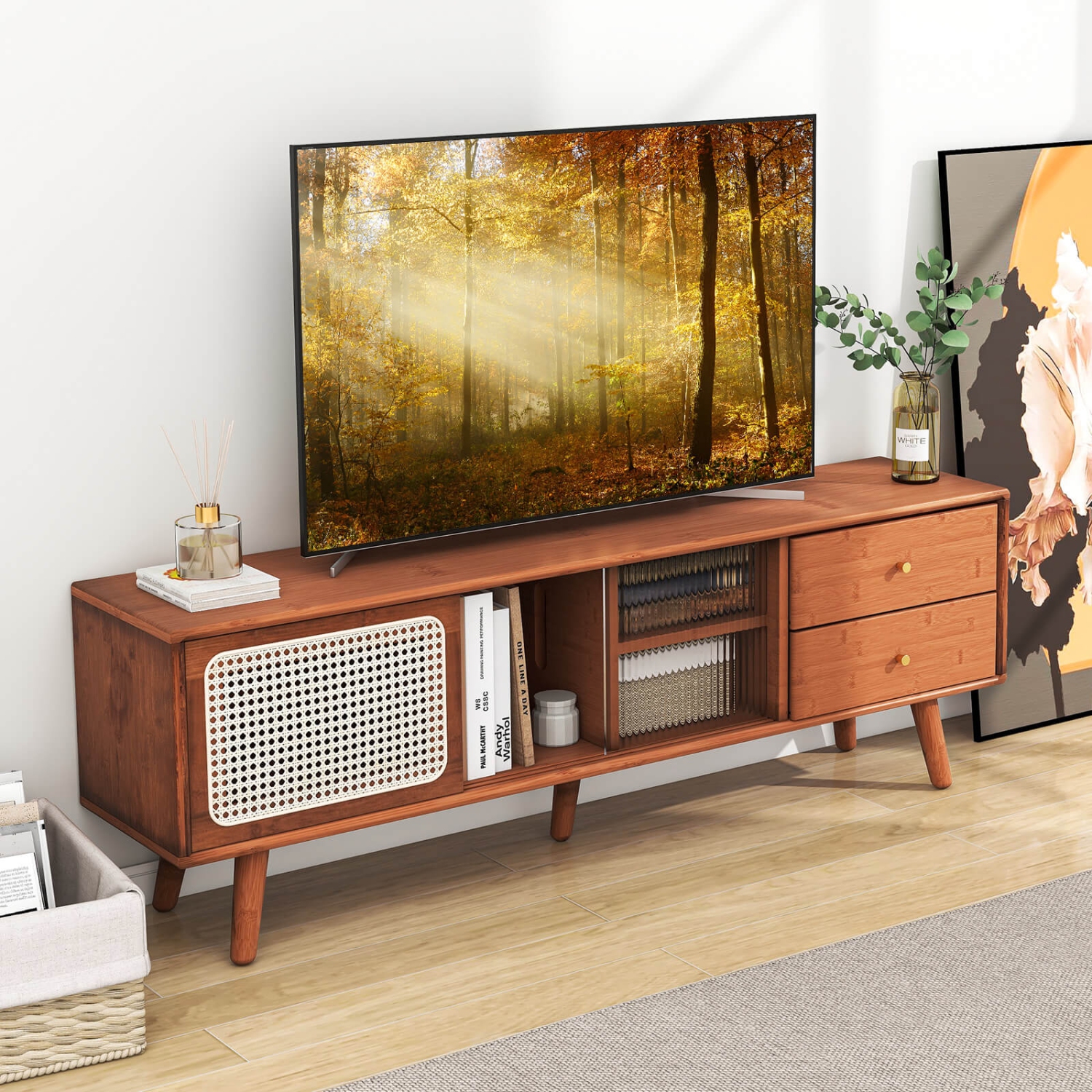 Costway Bamboo TV Stand Console Table with PE Rattan Door & 2 Drawers for TV up to 65"