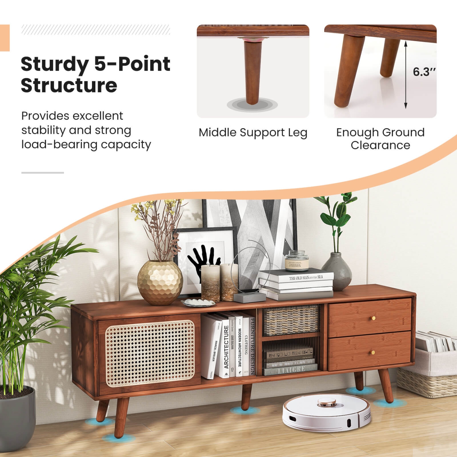 Costway Bamboo TV Stand Console Table with PE Rattan Door & 2 Drawers for TV up to 65"