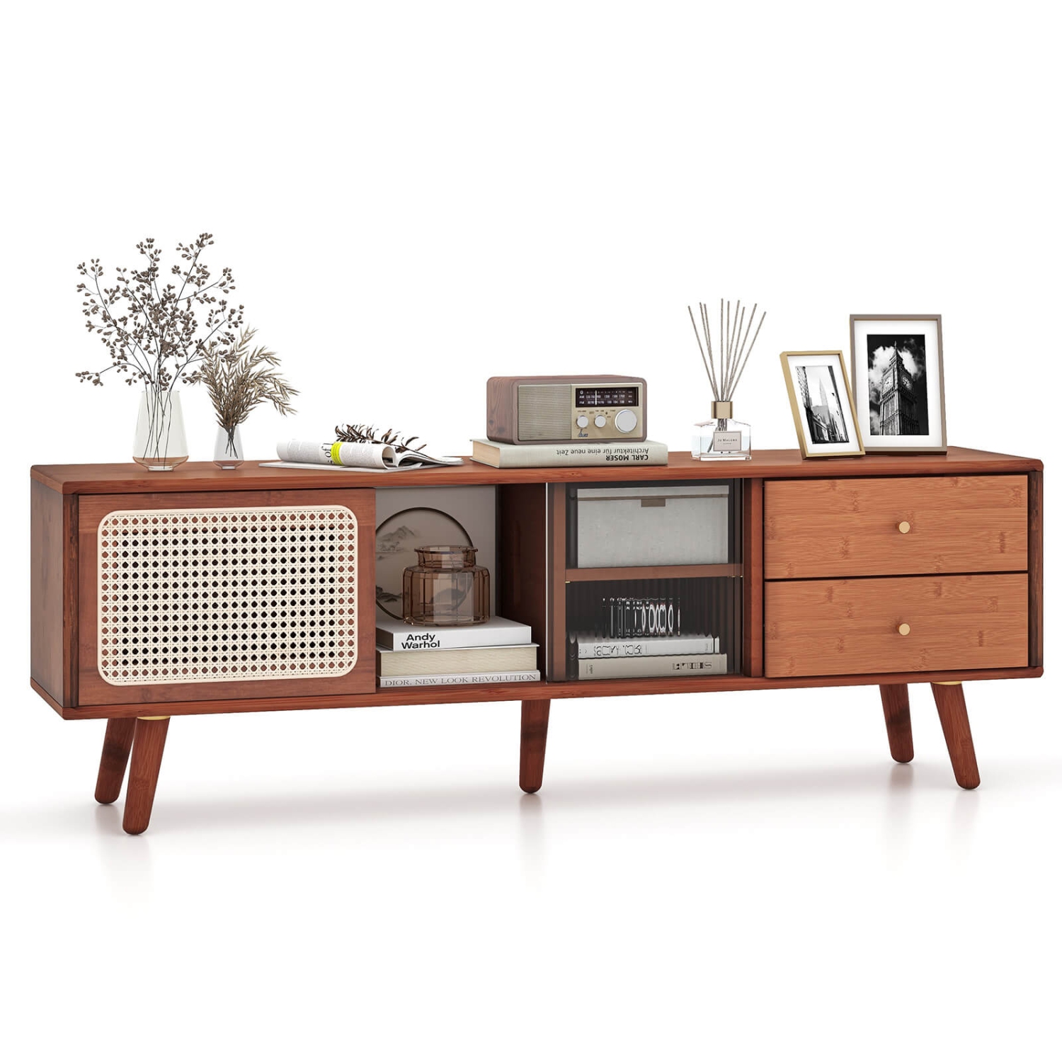 Costway Bamboo TV Stand Console Table with PE Rattan Door & 2 Drawers for TV up to 65"