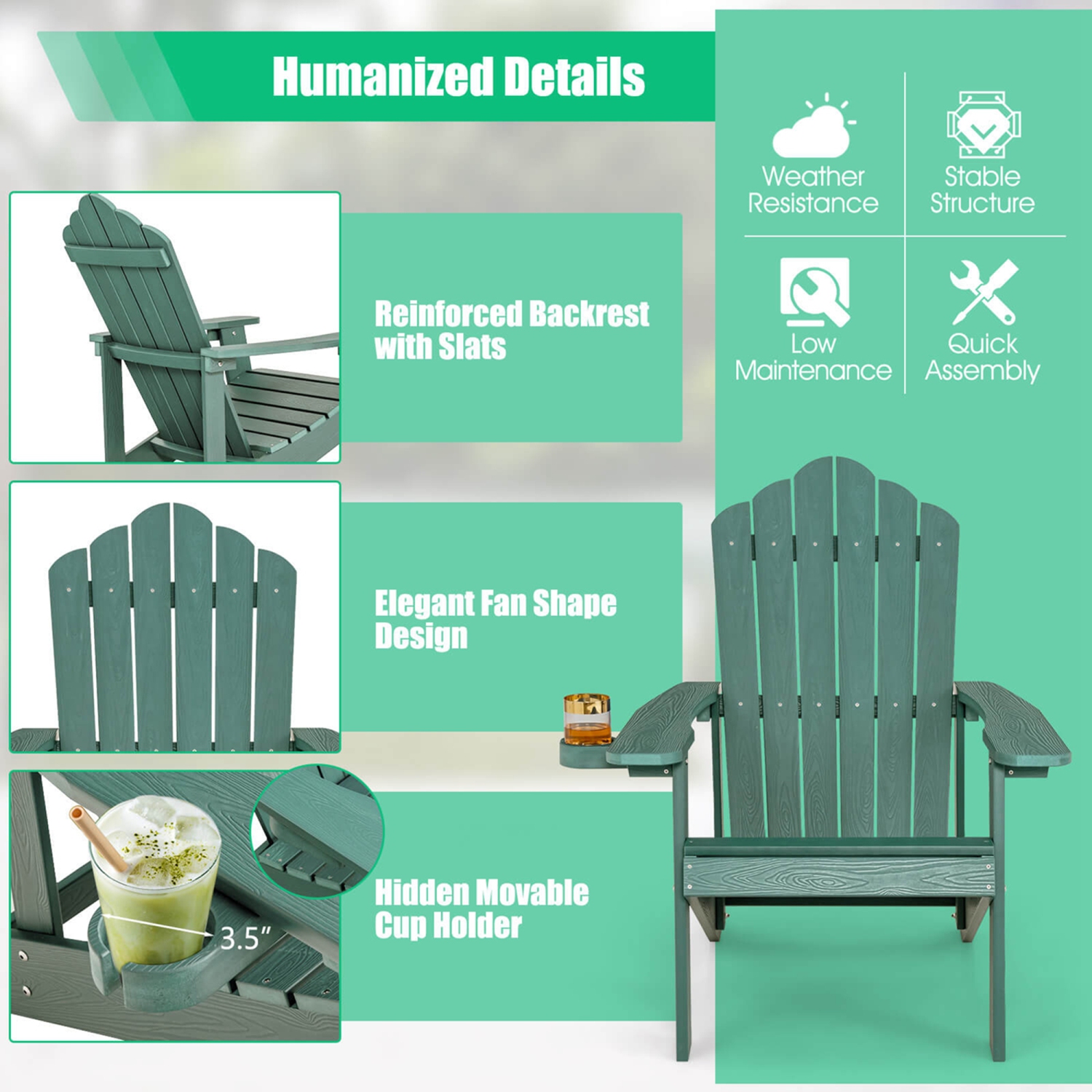 Costway Adirondack Chair HIPS Adirondack Chair with Cup Holder & Cushion