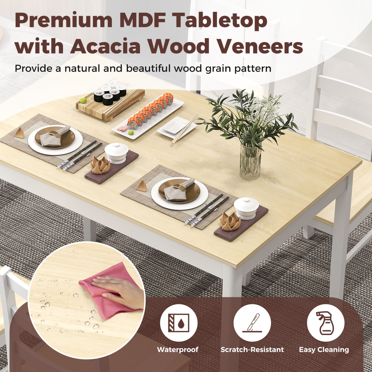 Ensemble de salle à manger 5 pièces en bois massif avec table rectangulaire et 4 chaises de Costway