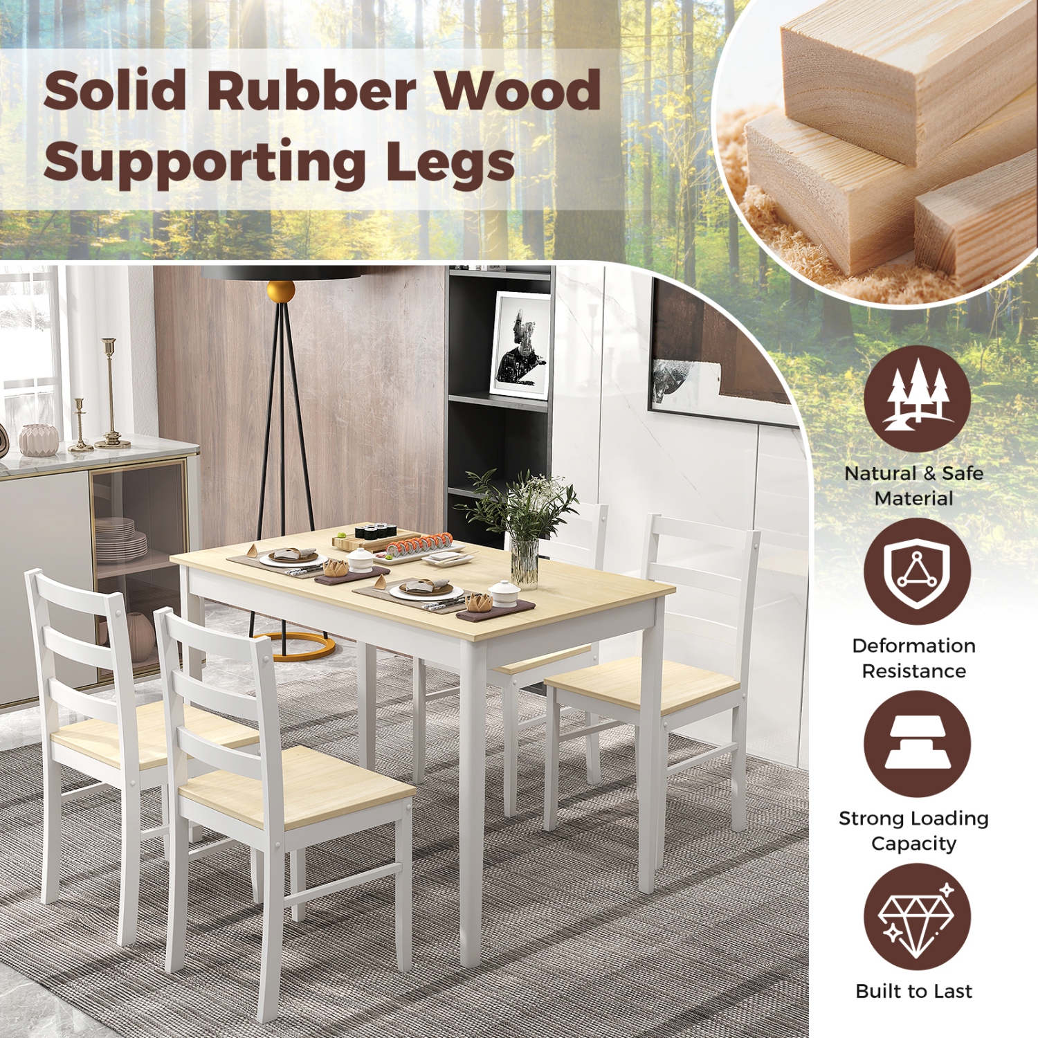 Ensemble de salle à manger 5 pièces en bois massif avec table rectangulaire et 4 chaises de Costway