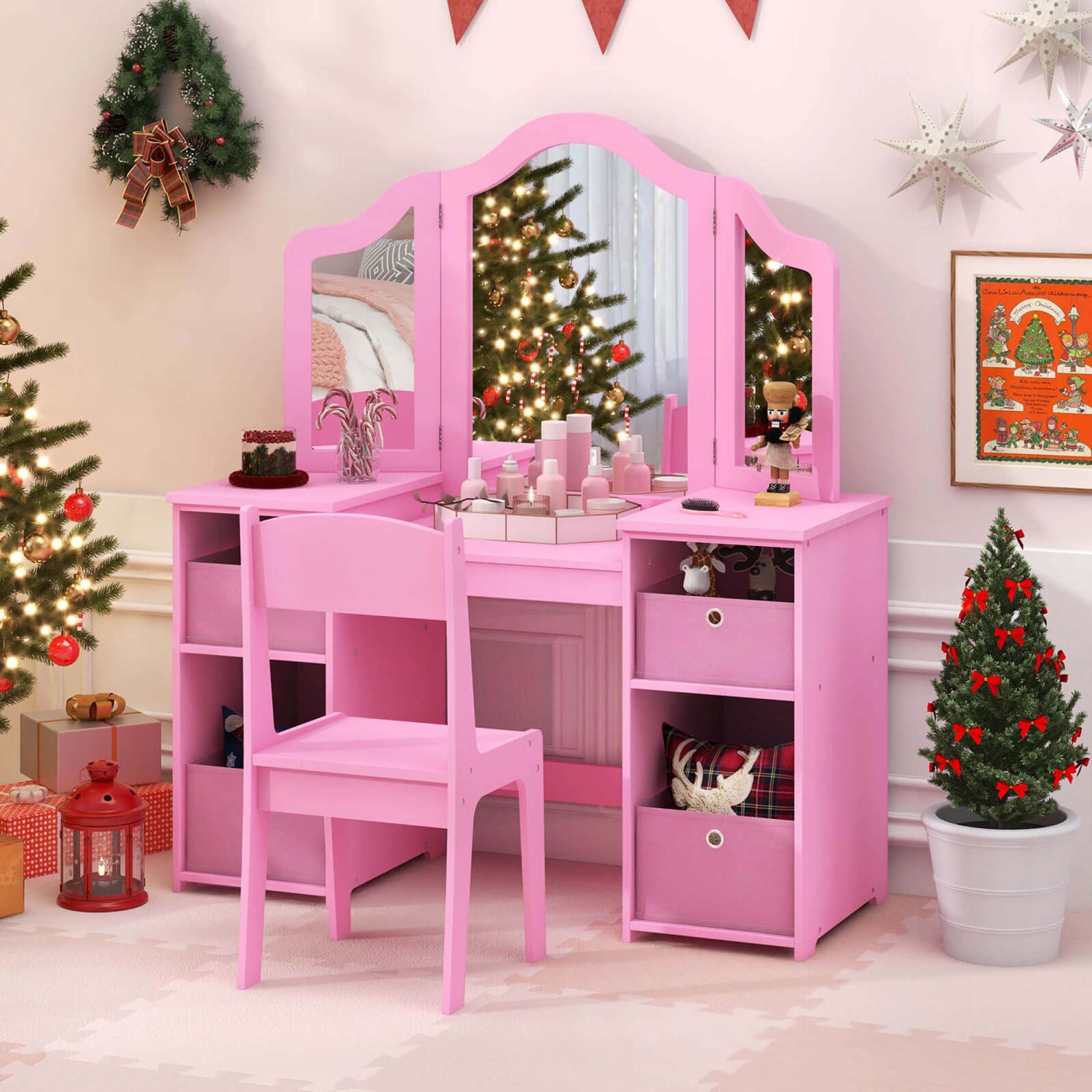Ensemble coiffeuse et chaise pour enfants 2-en-1 et maquillage princesse de Costway