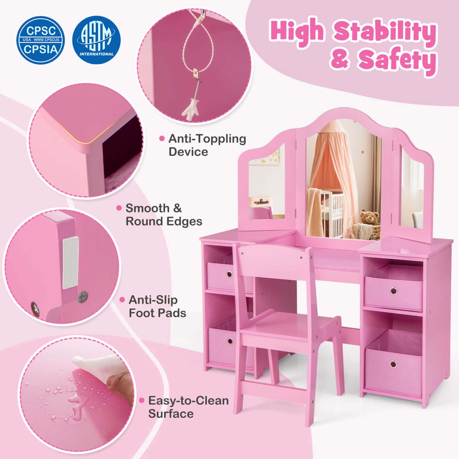 Ensemble coiffeuse et chaise pour enfants 2-en-1 et maquillage princesse de Costway