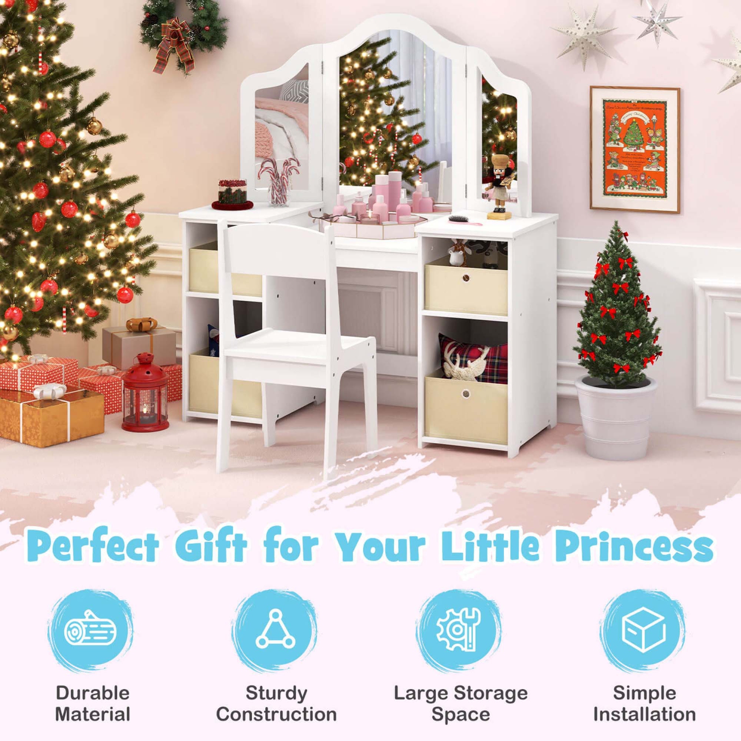 Costway Kids Vanity Table & Chair Set 2-in-1 Princess Pretend Play Makeup Vanity Set