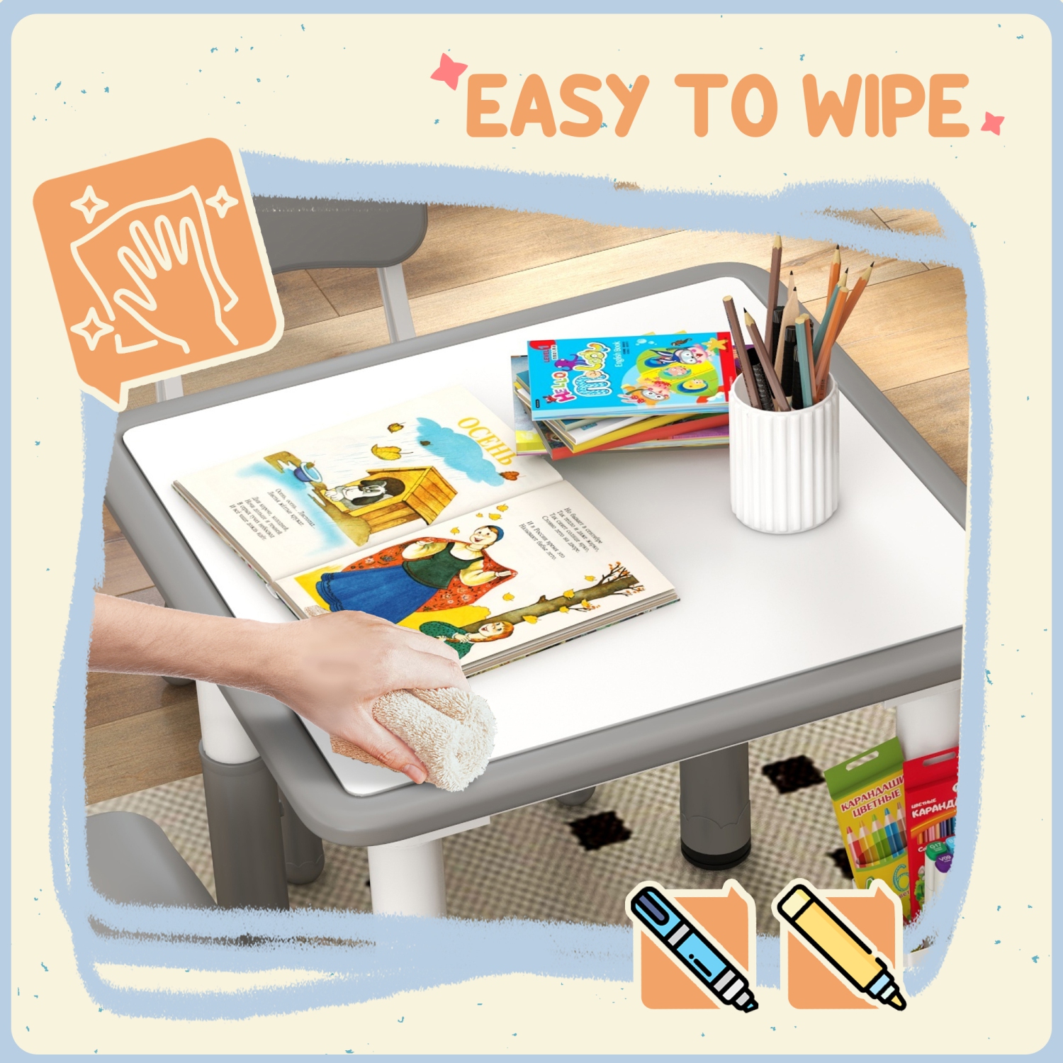 Qaba 5 Pieces Kids Table and Chair Set, Height Adjustable Toddler Table and Chair Set with Storage, Activity Graffiti Desktop for Playroom, Nursery,