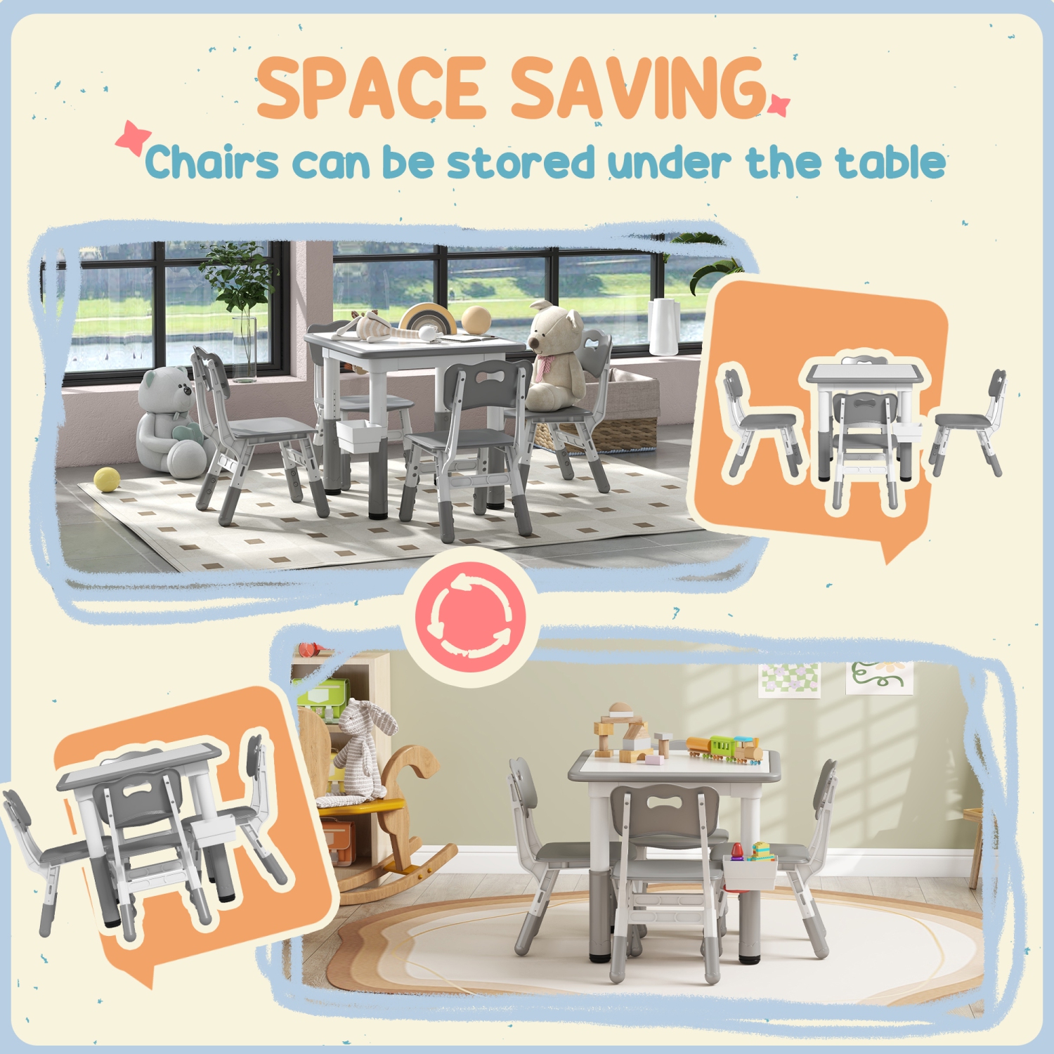 Qaba 5 Pieces Kids Table and Chair Set, Height Adjustable Toddler Table and Chair Set with Storage, Activity Graffiti Desktop for Playroom, Nursery,