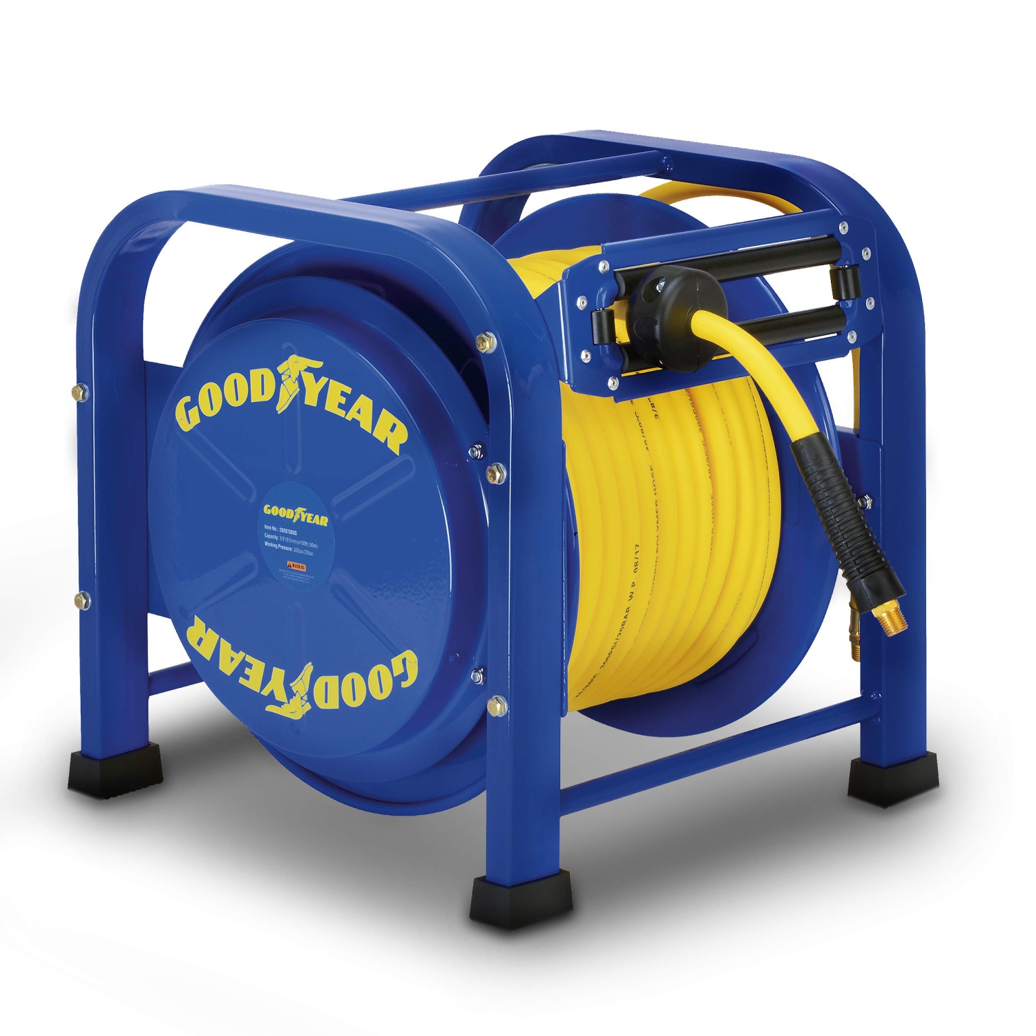 Goodyear Retractable Air Hose Reel, 3/8" x 100 Feet, 300 PSI, Spring-Driven Steel, Heavy Duty Industrial, Flex Hybrid Polymer Hose, Portable and