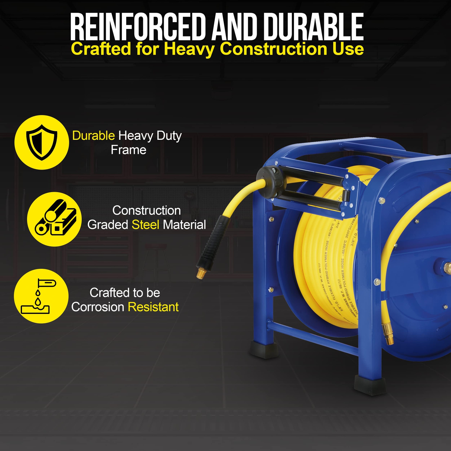 Goodyear Retractable Air Hose Reel, 3/8" x 100 Feet, 300 PSI, Spring-Driven Steel, Heavy Duty Industrial, Flex Hybrid Polymer Hose, Portable and