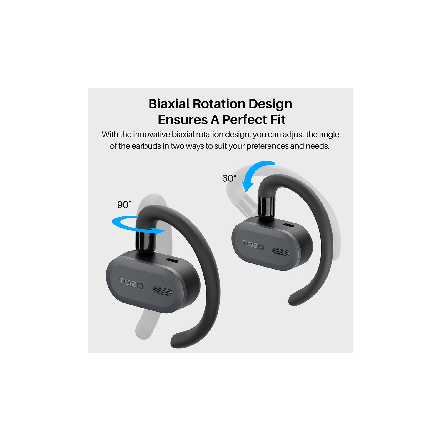 Écouteurs boutons 100 % ouverts sans fil OpenBuds de TOZO avec ajustement à angles multiples Bluetooth 5,3 et conception à deux axes pour un confort