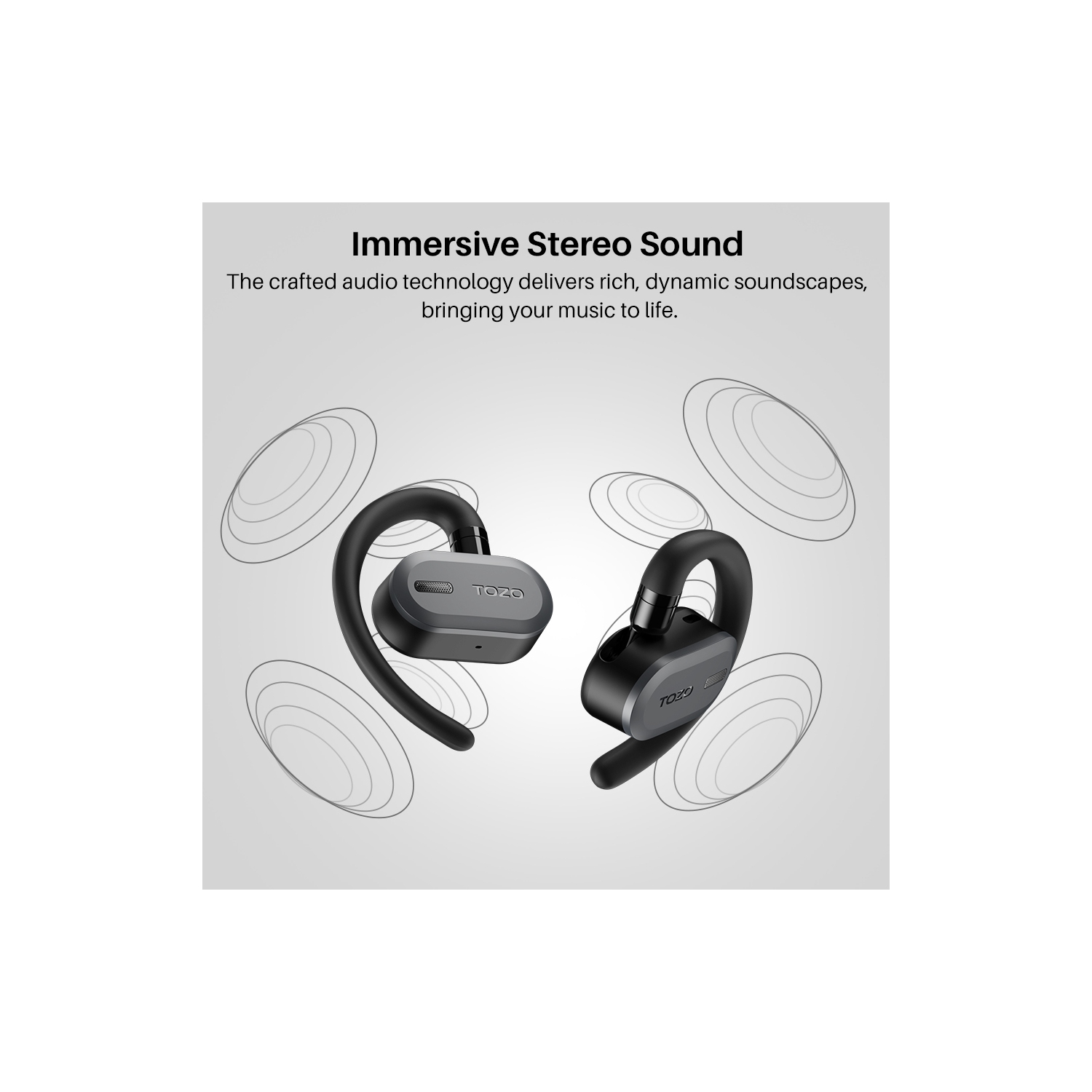 Écouteurs boutons 100 % ouverts sans fil OpenBuds de TOZO avec ajustement à angles multiples Bluetooth 5,3 et conception à deux axes pour un confort