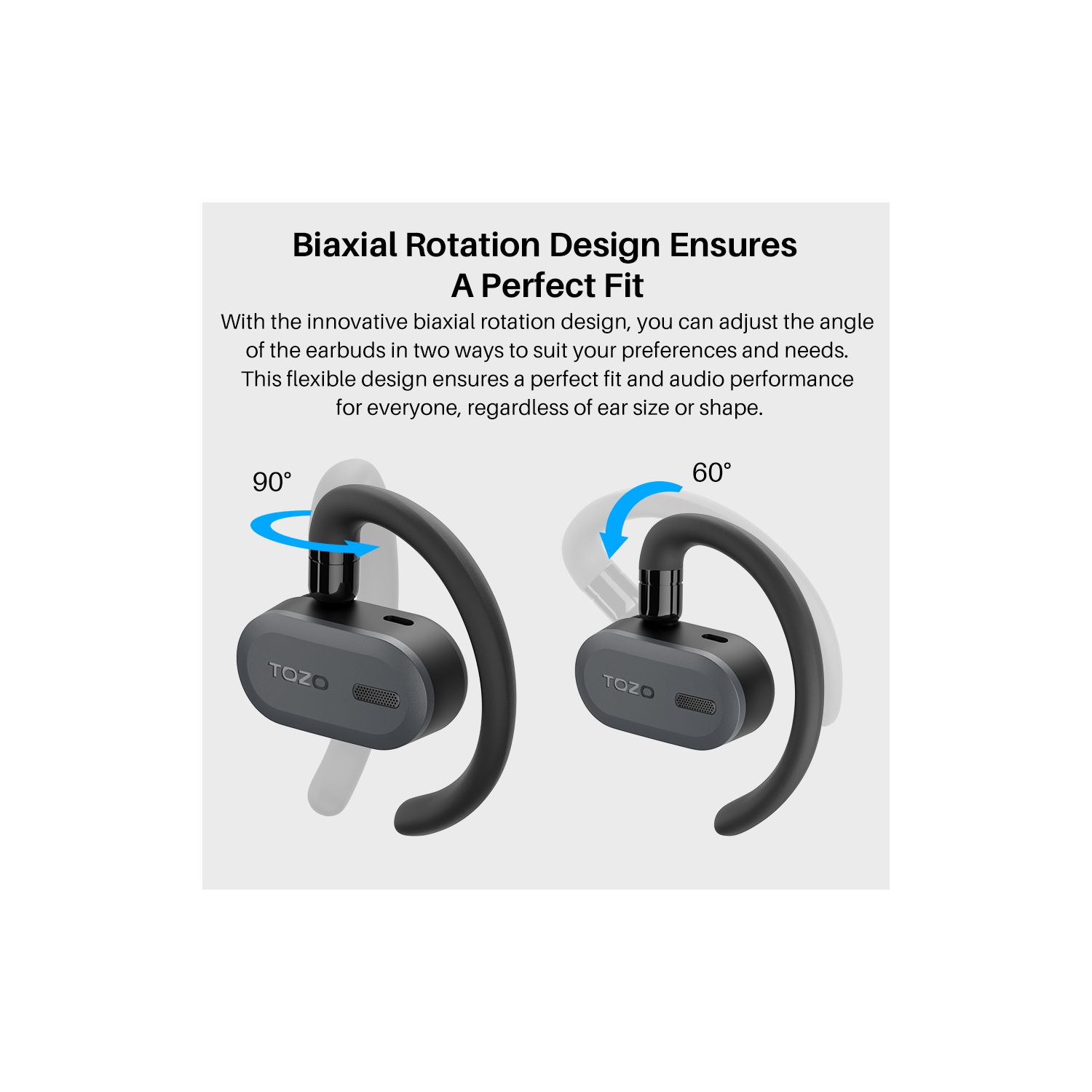 Écouteurs boutons 100 % ouverts sans fil OpenBuds de TOZO avec ajustement à angles multiples Bluetooth 5,3 et conception à deux axes pour un confort