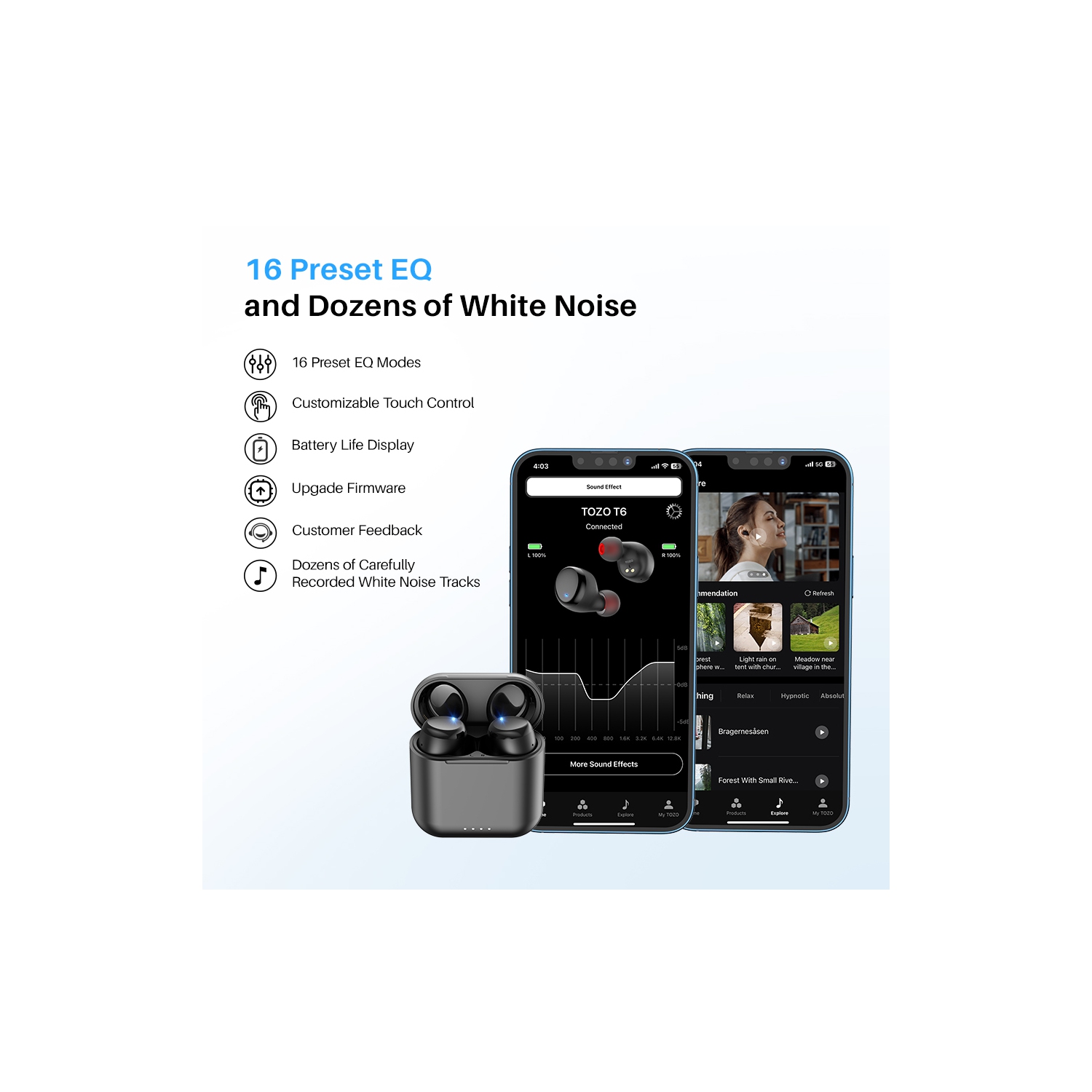 TOZO T6 mini Wireless Earbuds Bluetooth 5.3 Headphones, Ergonomic Design in-Ear Headset, 50Hrs Playtime with Wireless Charging Case, APP EQ