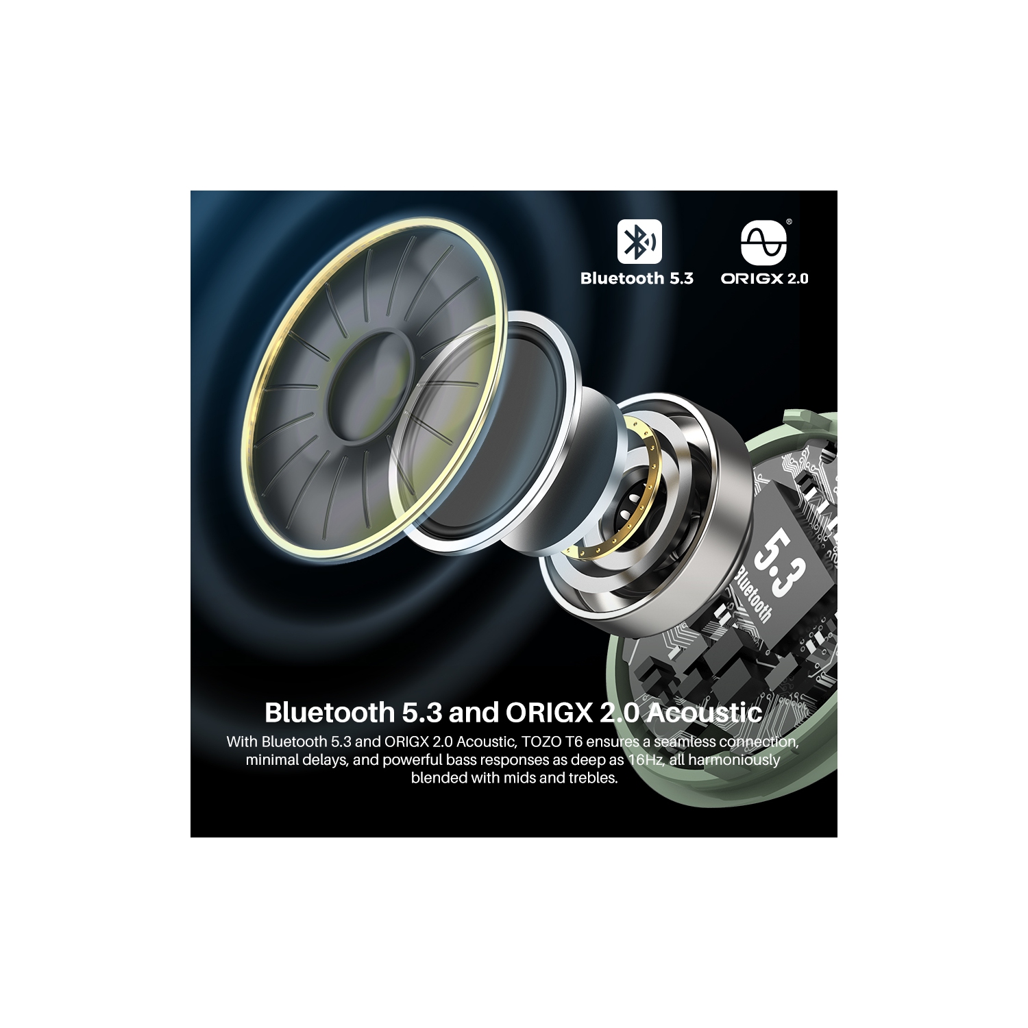 Écouteurs boutons sans fil Bluetooth 5,3 TOZO T6 Mini, écouteurs bouton ergonomiques, 50Hrs Playtime avec étui de chargement sans fil, APP EQ