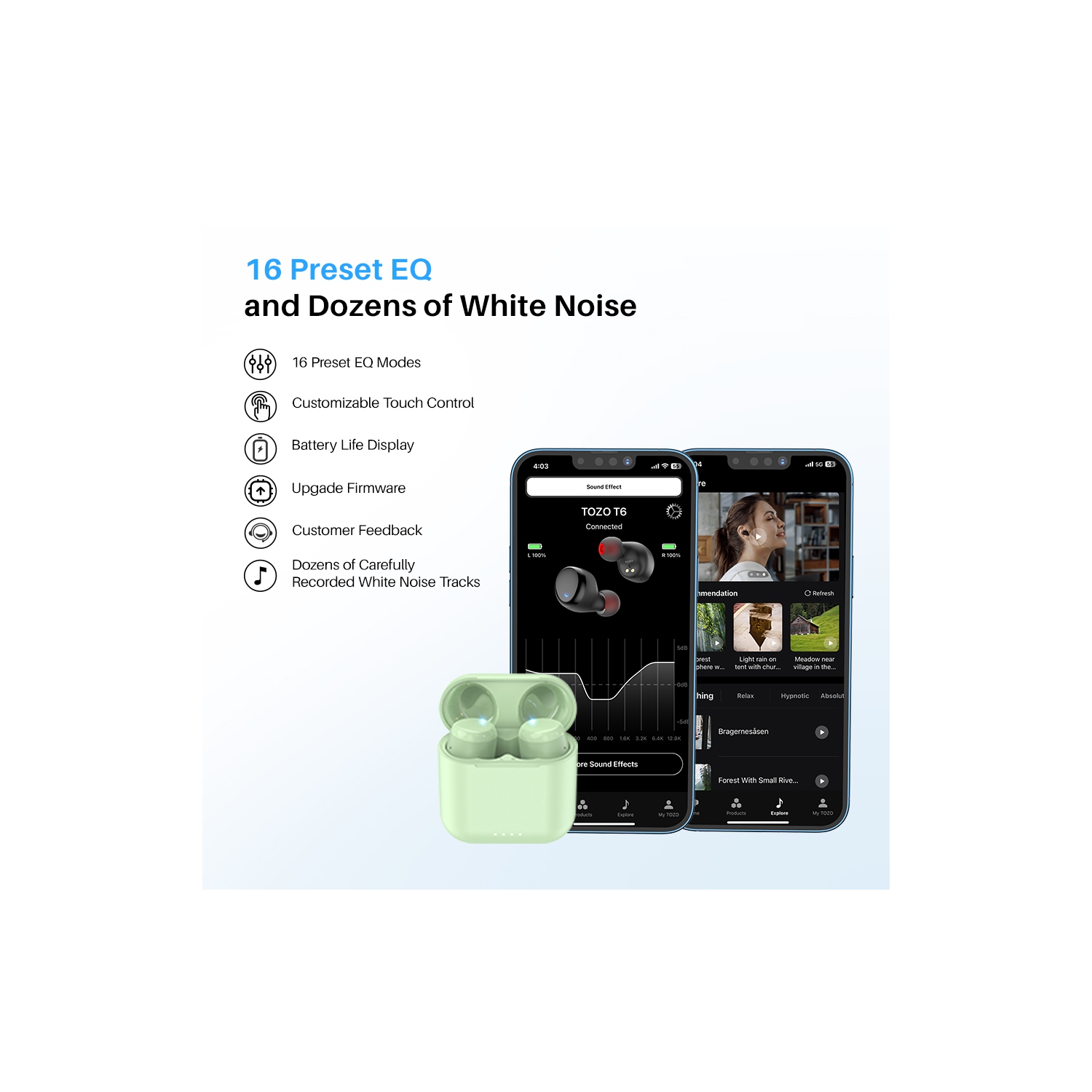 Écouteurs boutons sans fil Bluetooth 5,3 TOZO T6 Mini, écouteurs bouton ergonomiques, 50Hrs Playtime avec étui de chargement sans fil, APP EQ