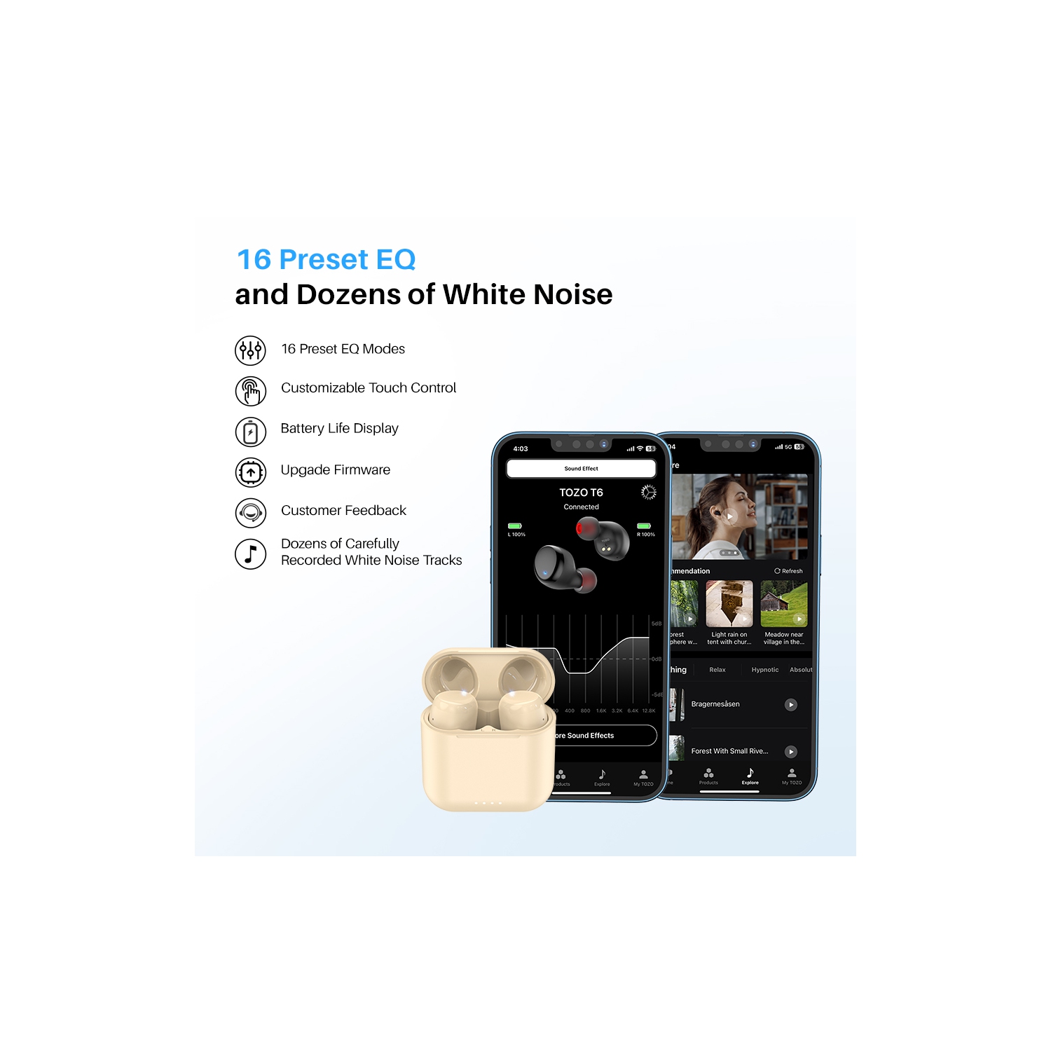 TOZO T6 mini Wireless Earbuds Bluetooth 5.3 Headphones, Ergonomic Design in-Ear Headset, 50Hrs Playtime with Wireless Charging Case, APP EQ