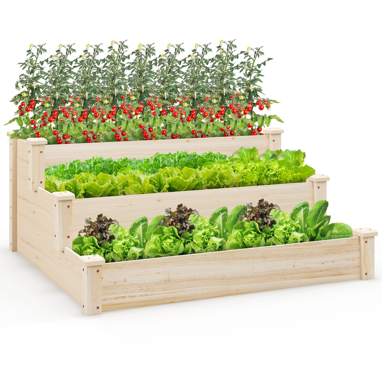 Costway 3-Tier Wooden Raised Garden Bed with Open-Ended Base Growing Planter for Backyard
