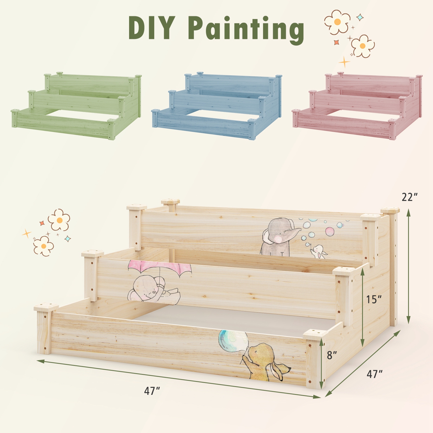 Costway 3-Tier Wooden Raised Garden Bed with Open-Ended Base Growing Planter for Backyard