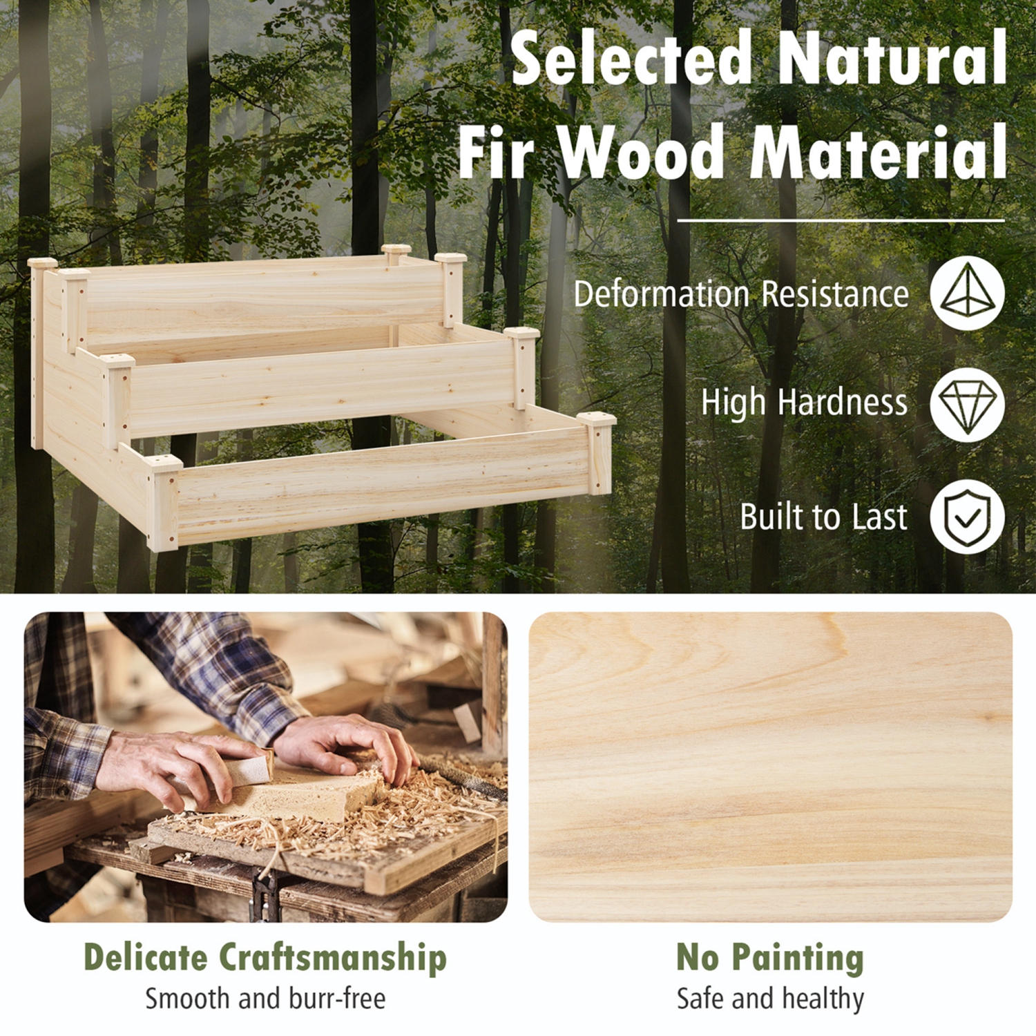 Costway 3-Tier Wooden Raised Garden Bed with Open-Ended Base Growing Planter for Backyard