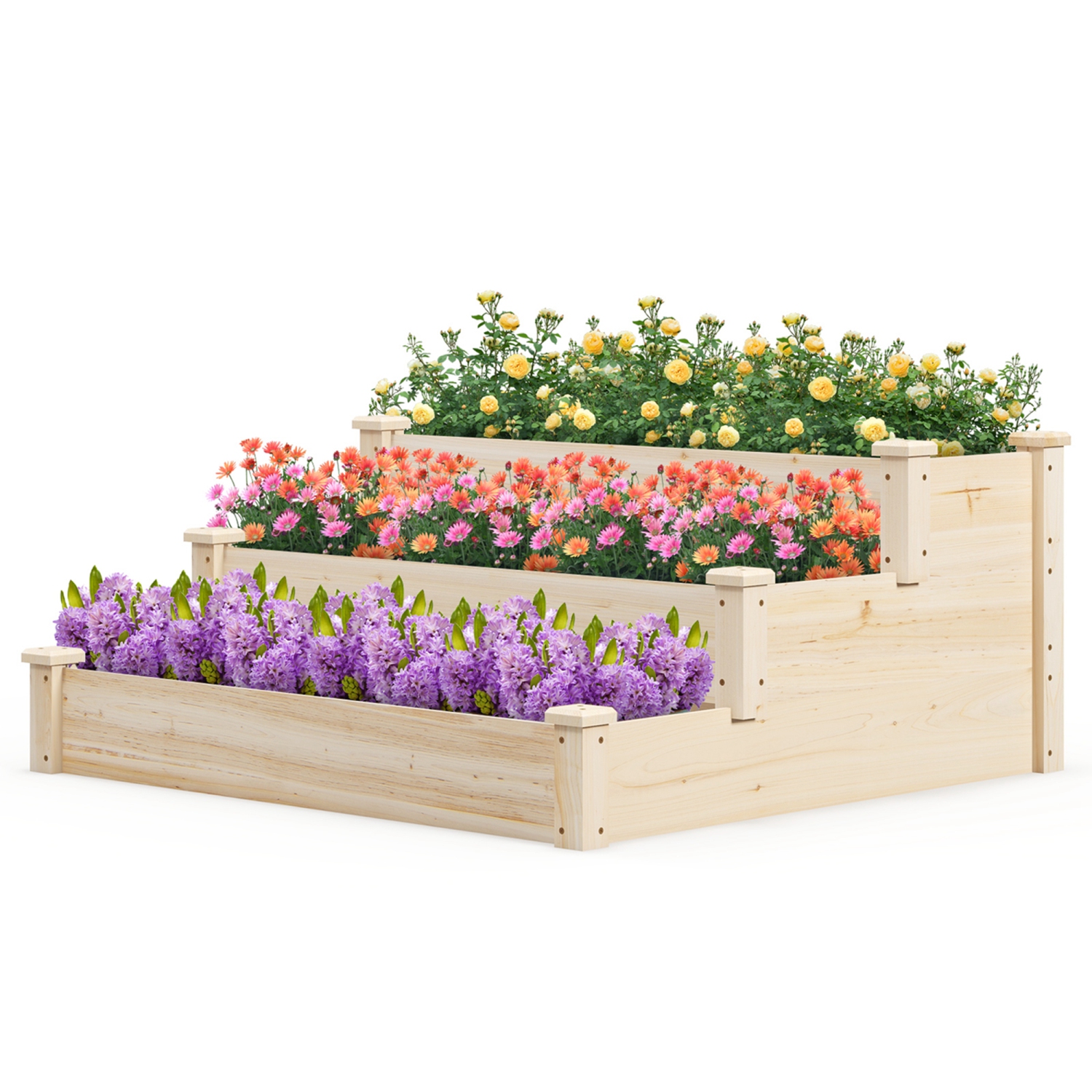 Costway 3-Tier Wooden Raised Garden Bed with Open-Ended Base Growing Planter for Backyard