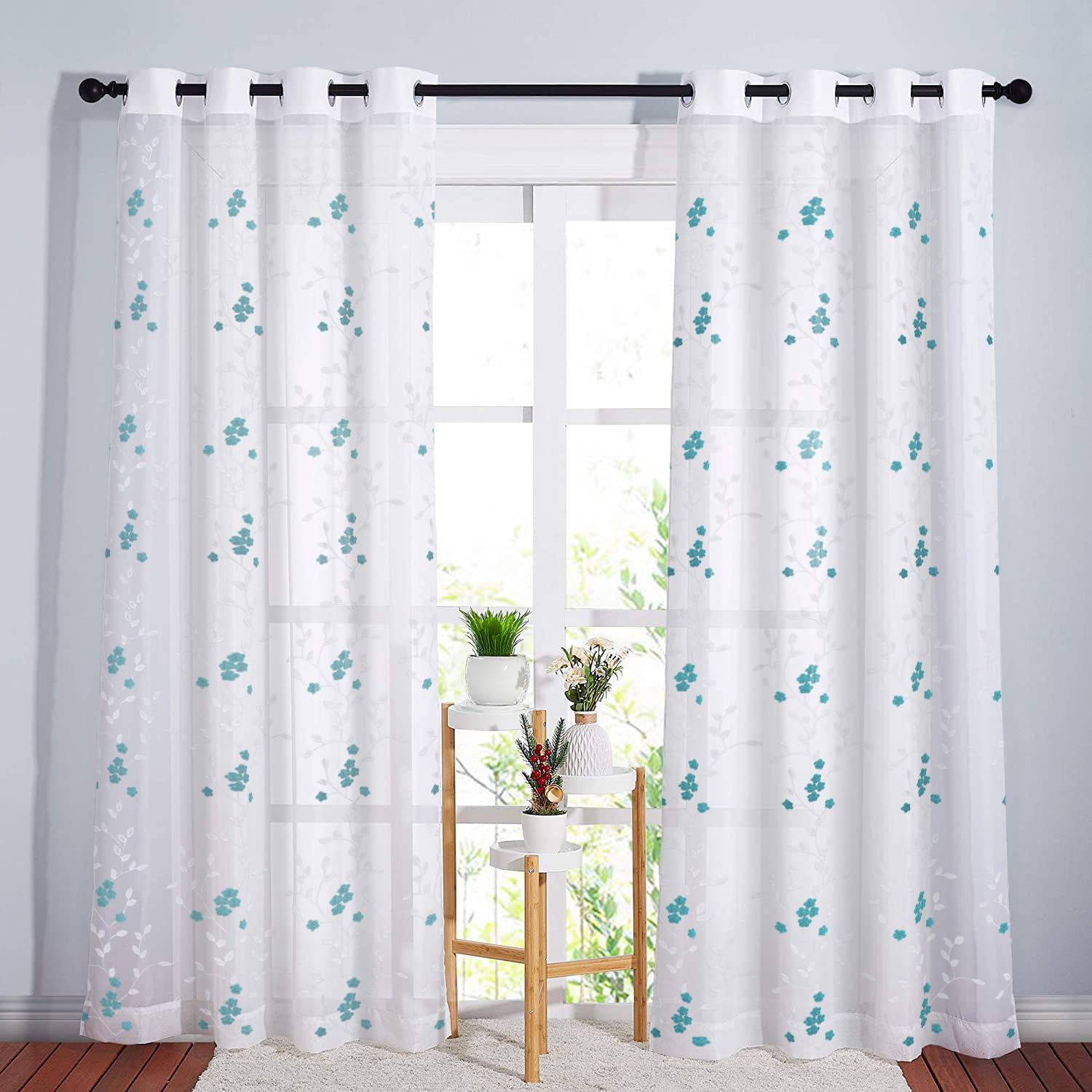 Rideaux transparents en lin de Canadian, 52 x 84&nbsp;po, 2 panneaux, rideaux transparents lavables filtrants légers, motif floral vert décoratif