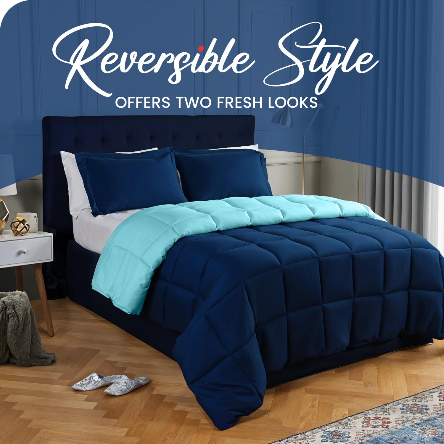 Canadian Linen Reverisble Comforter 80"x90" Ultra Soft Down Alternative Breathable Quilted Warm Box Stitched Breathable Duvet, Navy & Sky Blue, Full