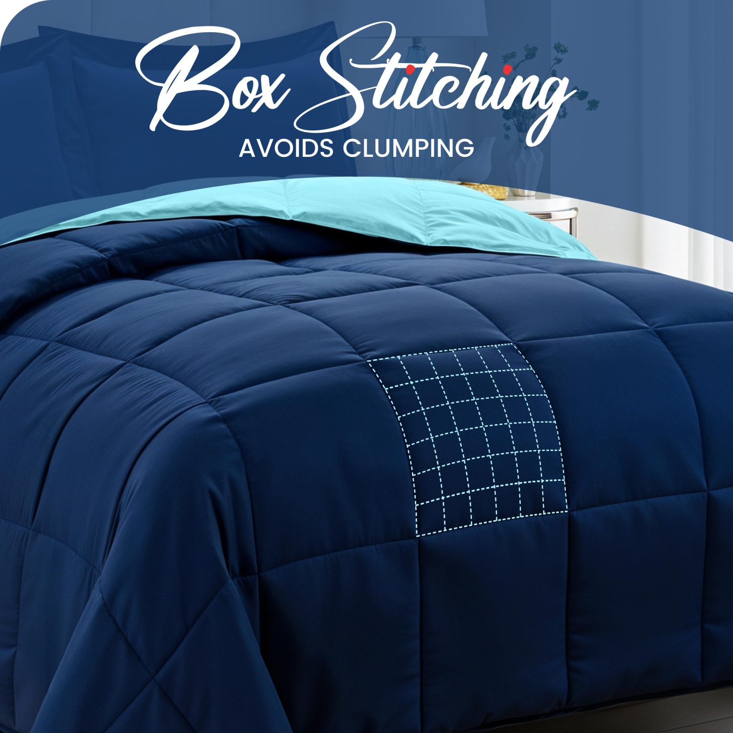 Canadian Linen Reverisble Comforter 90"x90" Down Alternative Breathable Quilted Warm Box Stitched Breathable Duvet Inserts Set, Navy & Sky Blue, Queen