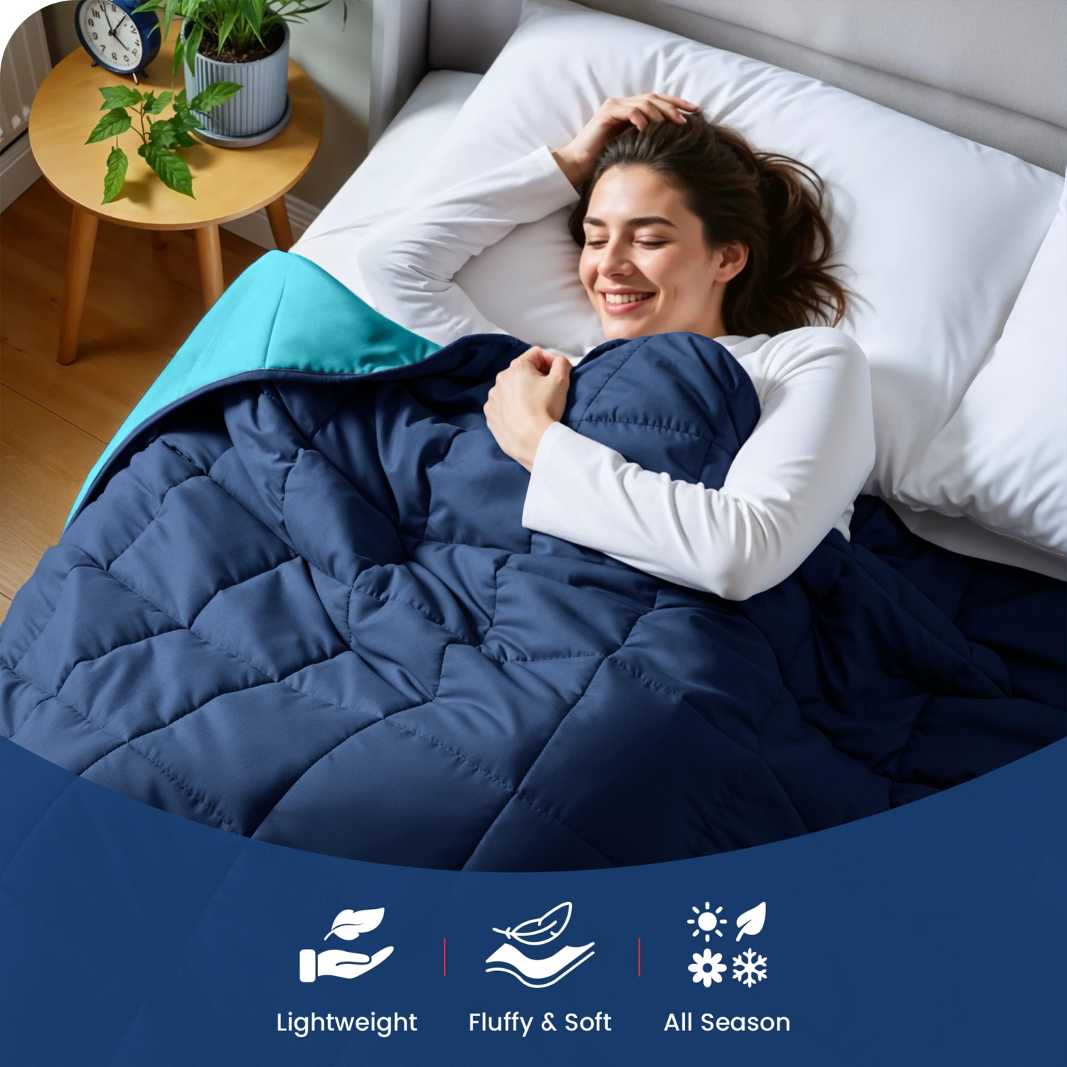 Canadian Linen Reverisble Comforter 90"x90" Down Alternative Breathable Quilted Warm Box Stitched Breathable Duvet Inserts Set, Navy & Sky Blue, Queen