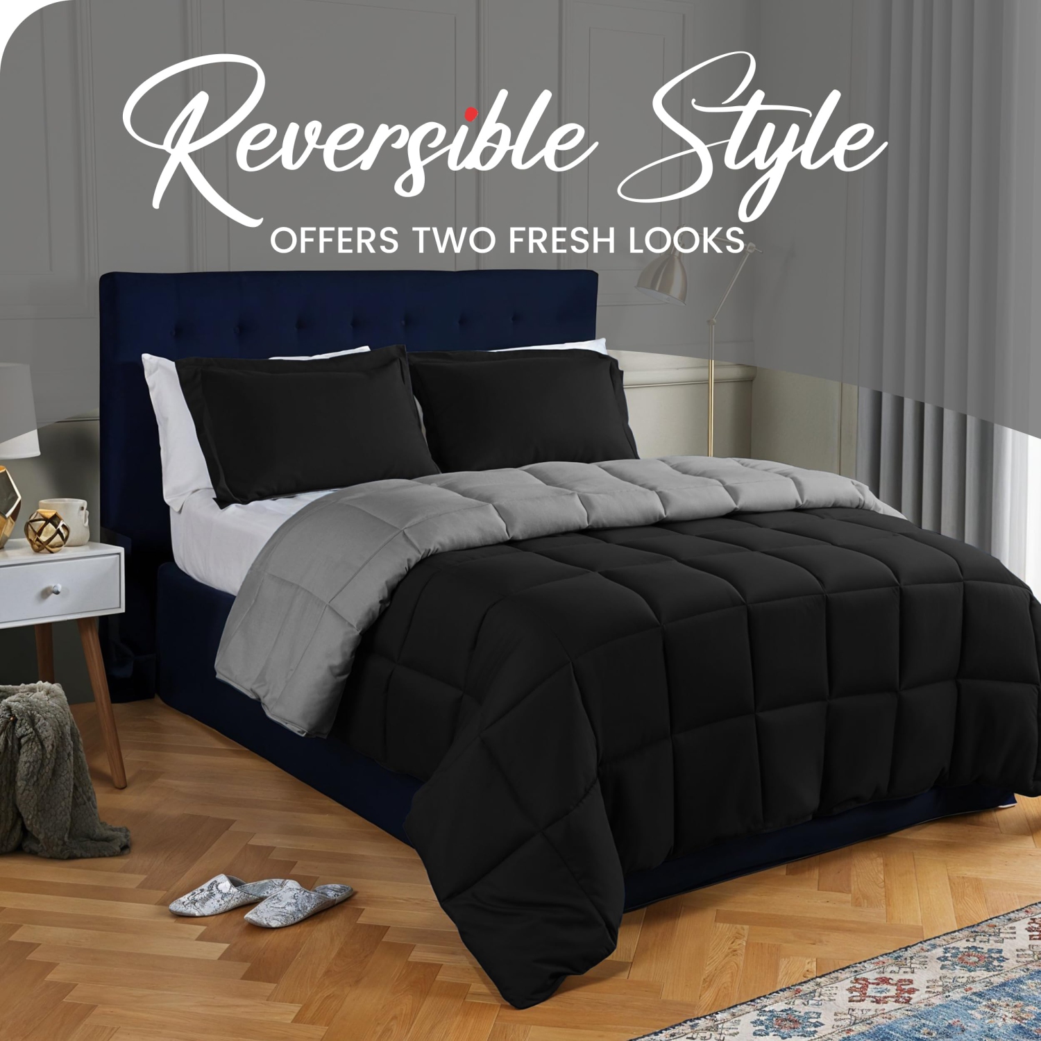 Canadian Linen Reverisble Comforter 60"x90" Down Alternative Breathable Quilted Warm Cozy Box Stitched Breathable Duvet Inserts, Grey & Black, Twin