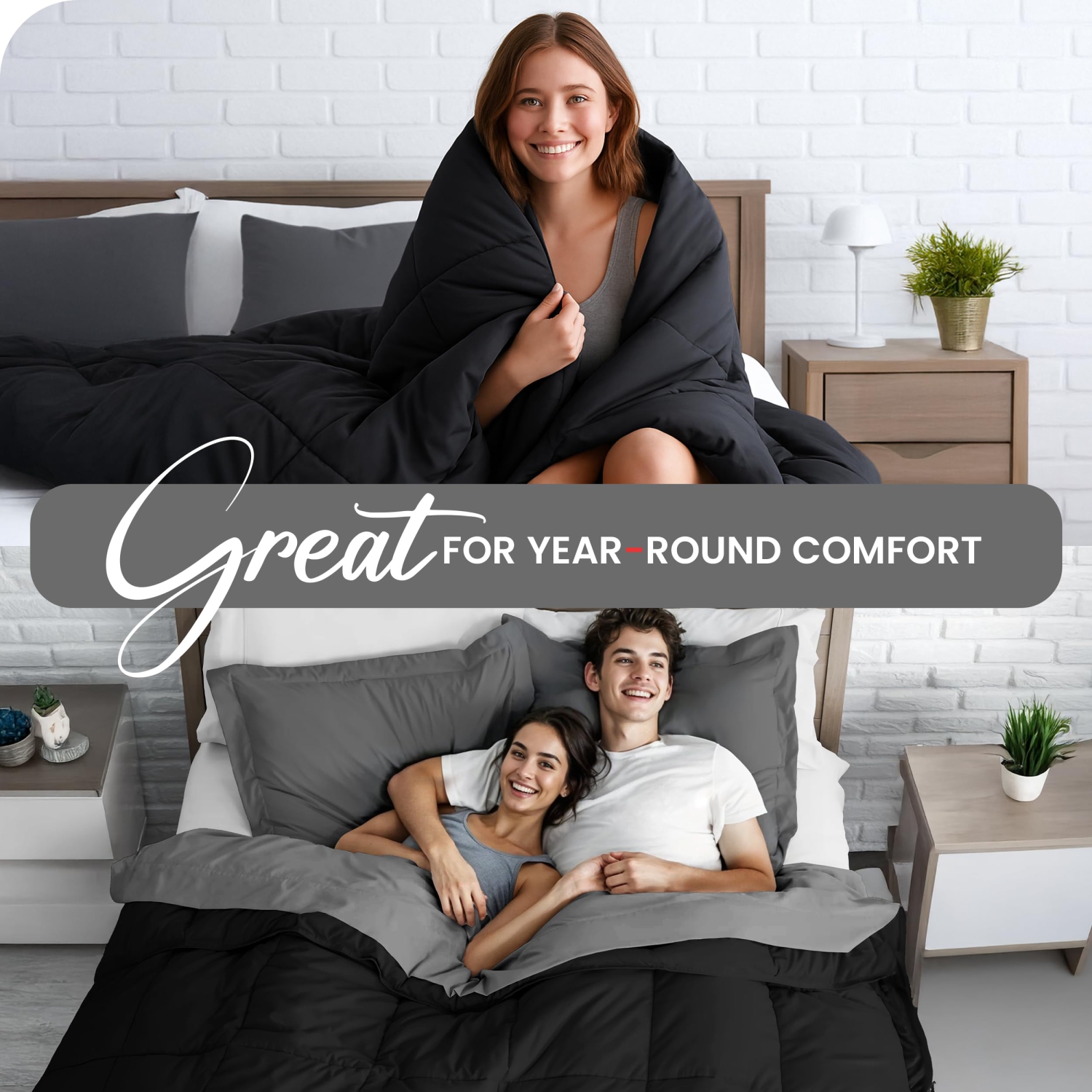 Canadian Linen Reverisble Comforter 60"x90" Down Alternative Breathable Quilted Warm Cozy Box Stitched Breathable Duvet Inserts, Grey & Black, Twin