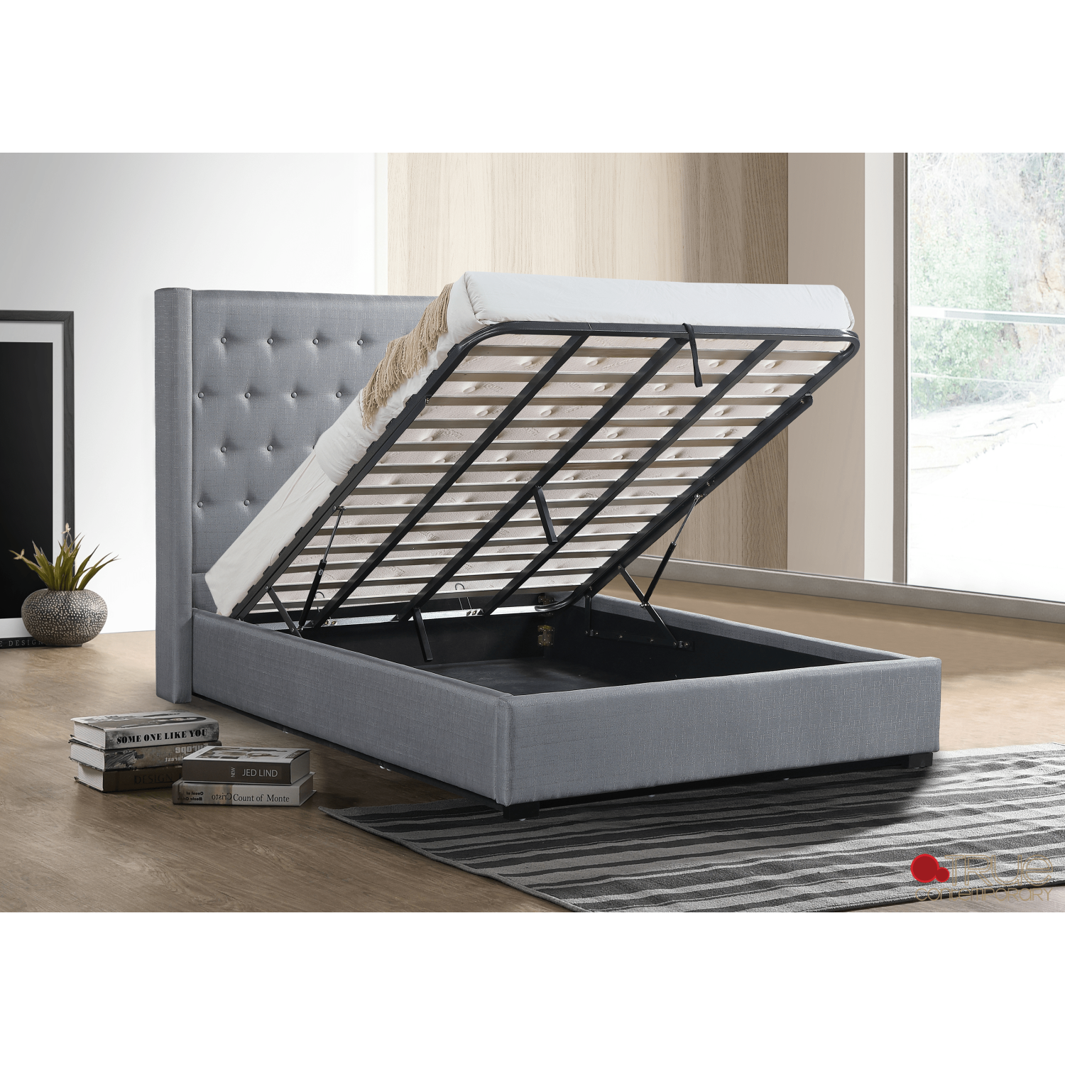 Lit plateforme contemporain Saunderson capitonné à oreilles et couvercle en confessionnal, fini lin gris