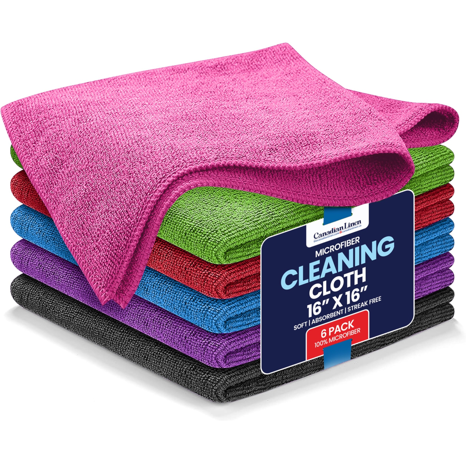 Chiffon de nettoyage en microfibre de lin canadien, paq. 6, 16 x 16&nbsp;po, éponge de voiture réutilisable à séchage rapide, lavable et très