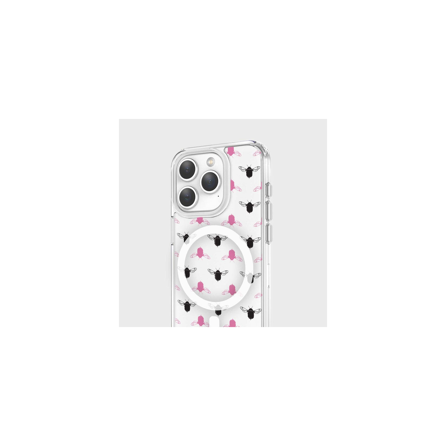 iPhone 15 Pro Clear Case - Black and Pink Bumble Design