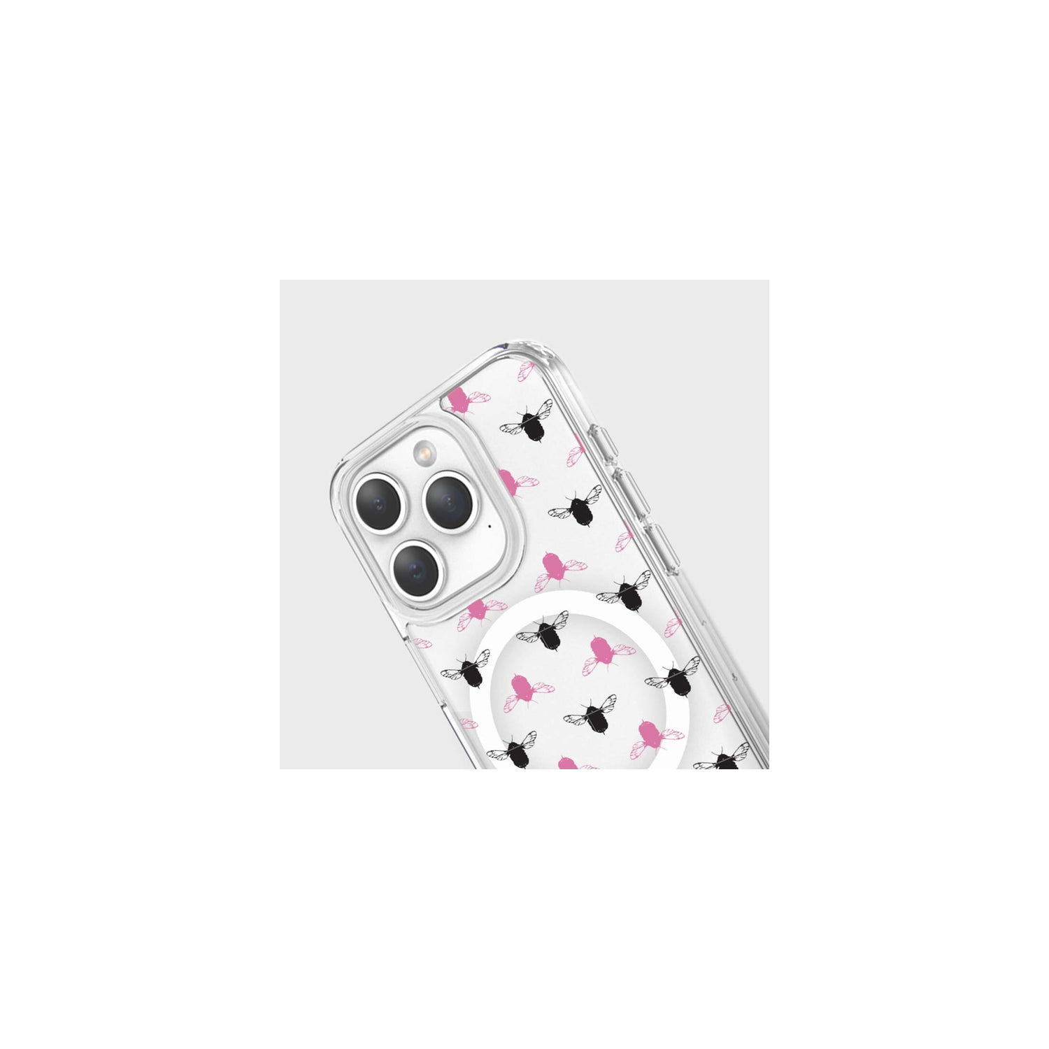 iPhone 15 Pro Clear Case - Black and Pink Bumble Design