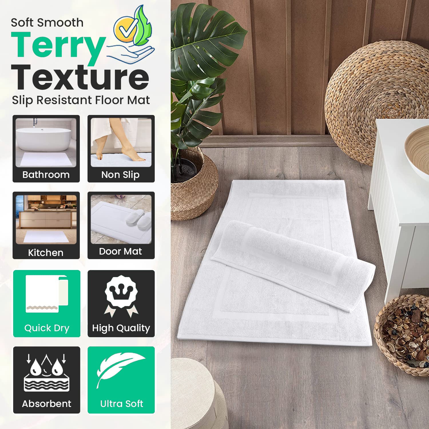 Canadian Linen Luxury Cotton White Bath Mats, 20x30 Inches, 2 Pack, Quick Dry Bath Rugs - 100% Soft Absorbent Cotton Shower Floor Mat Machine Washable