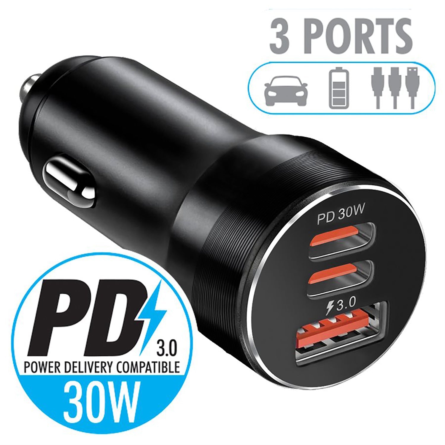 ELink – Chargeur pour l’auto avec deux ports USB de type C et un port USB-A, chargement rapide, noir