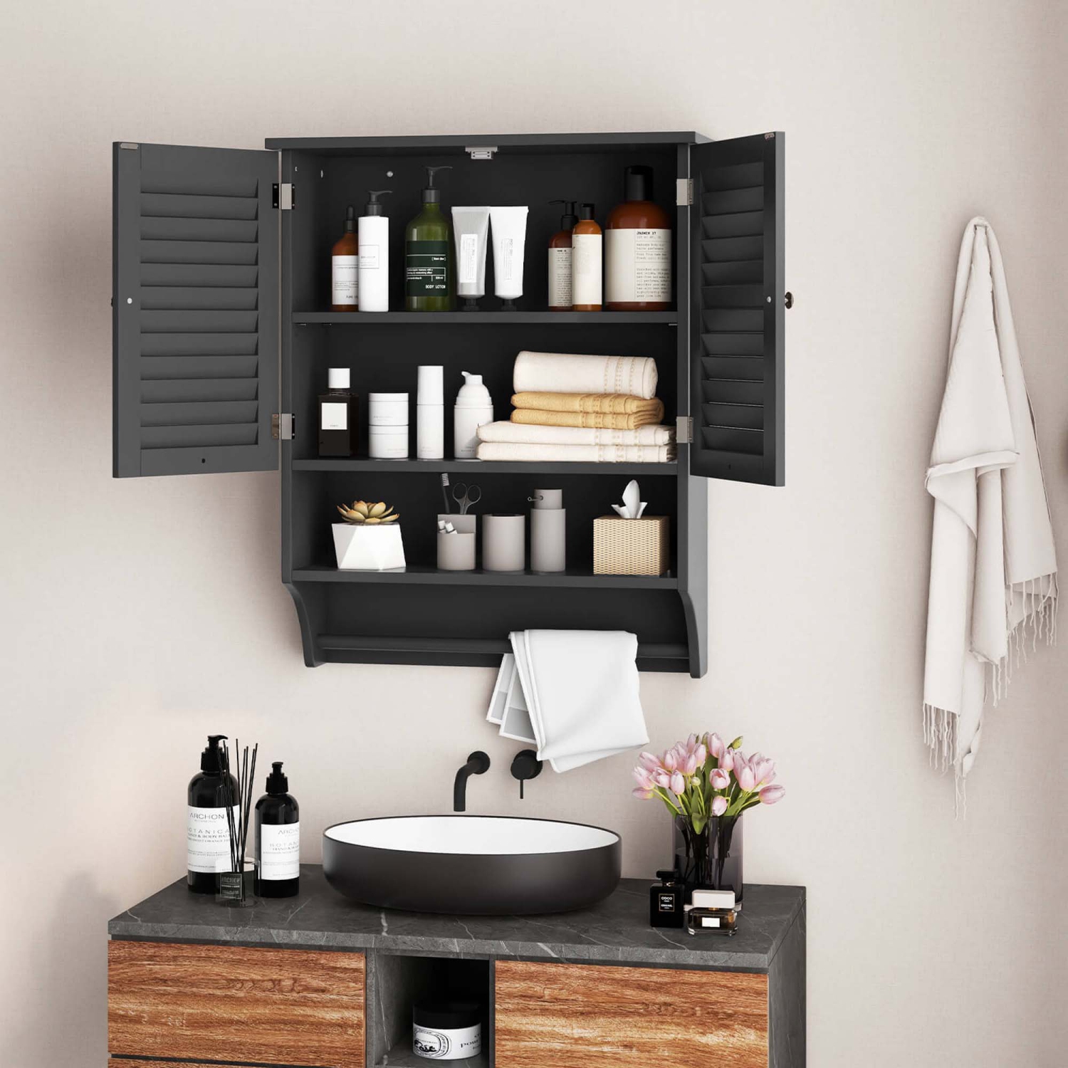 Costway Bathroom Wall Mounted Medicine Cabinet with Louvered Doors & Towel Bar
