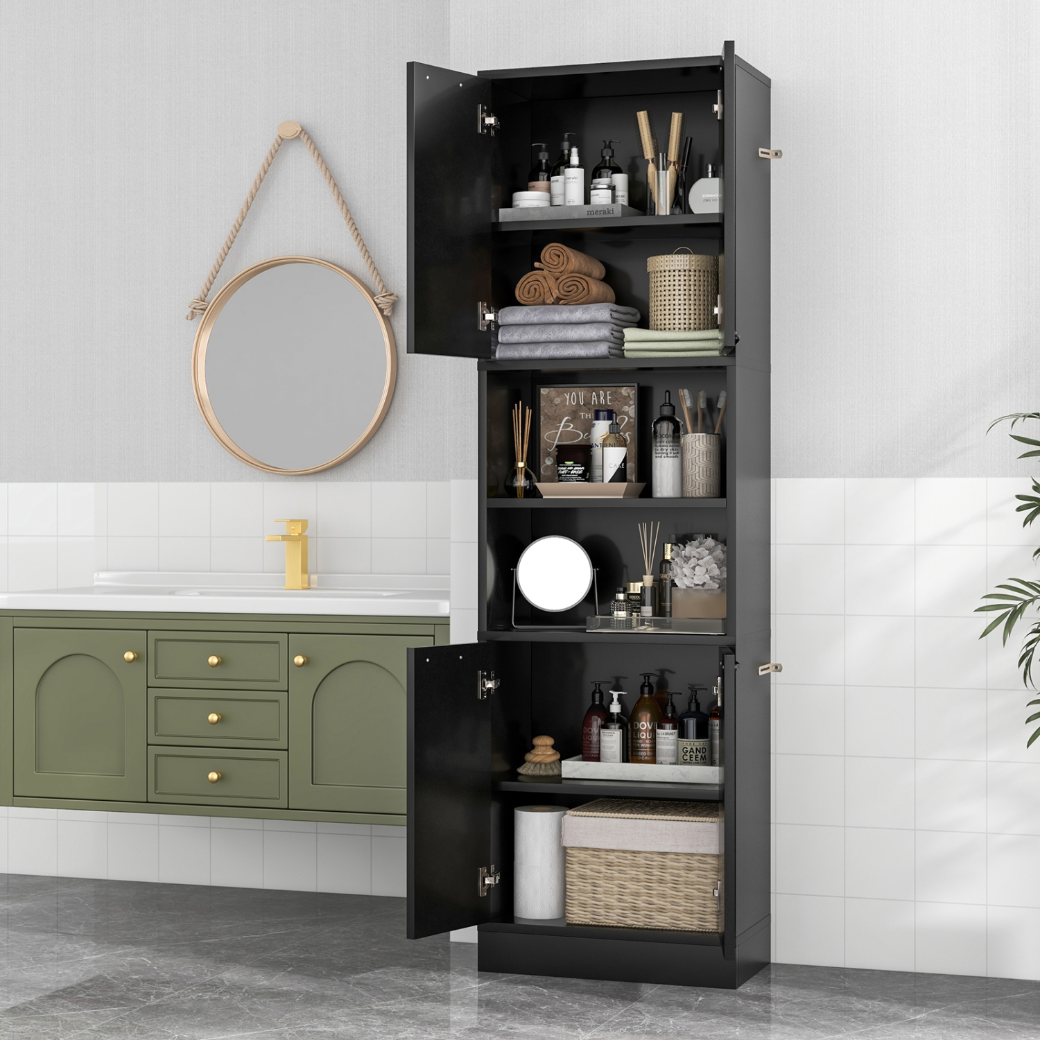 Costway 75" Tall Bathroom Storage Cabinet with 4 Doors & 2 Open Compartments Freestanding