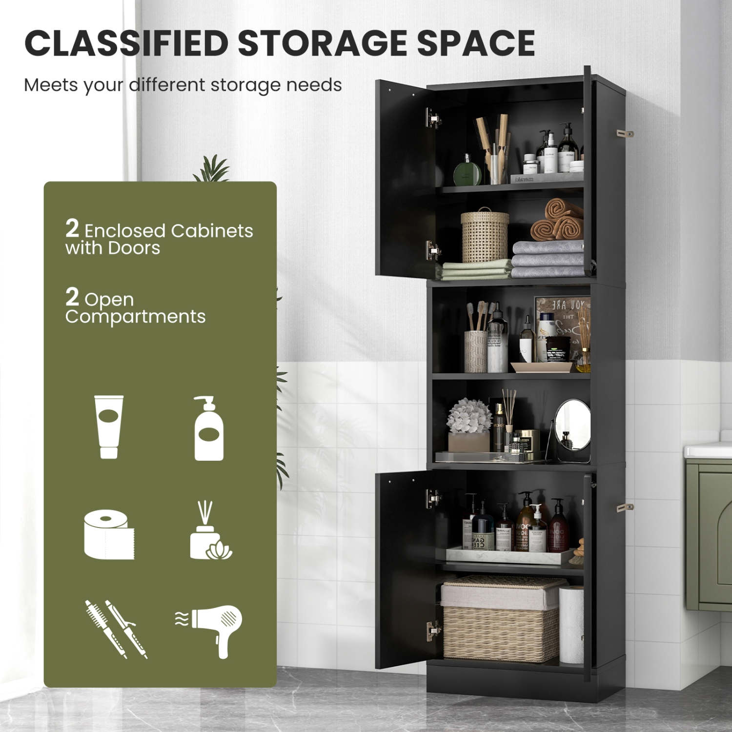 Costway 75" Tall Bathroom Storage Cabinet with 4 Doors & 2 Open Compartments Freestanding