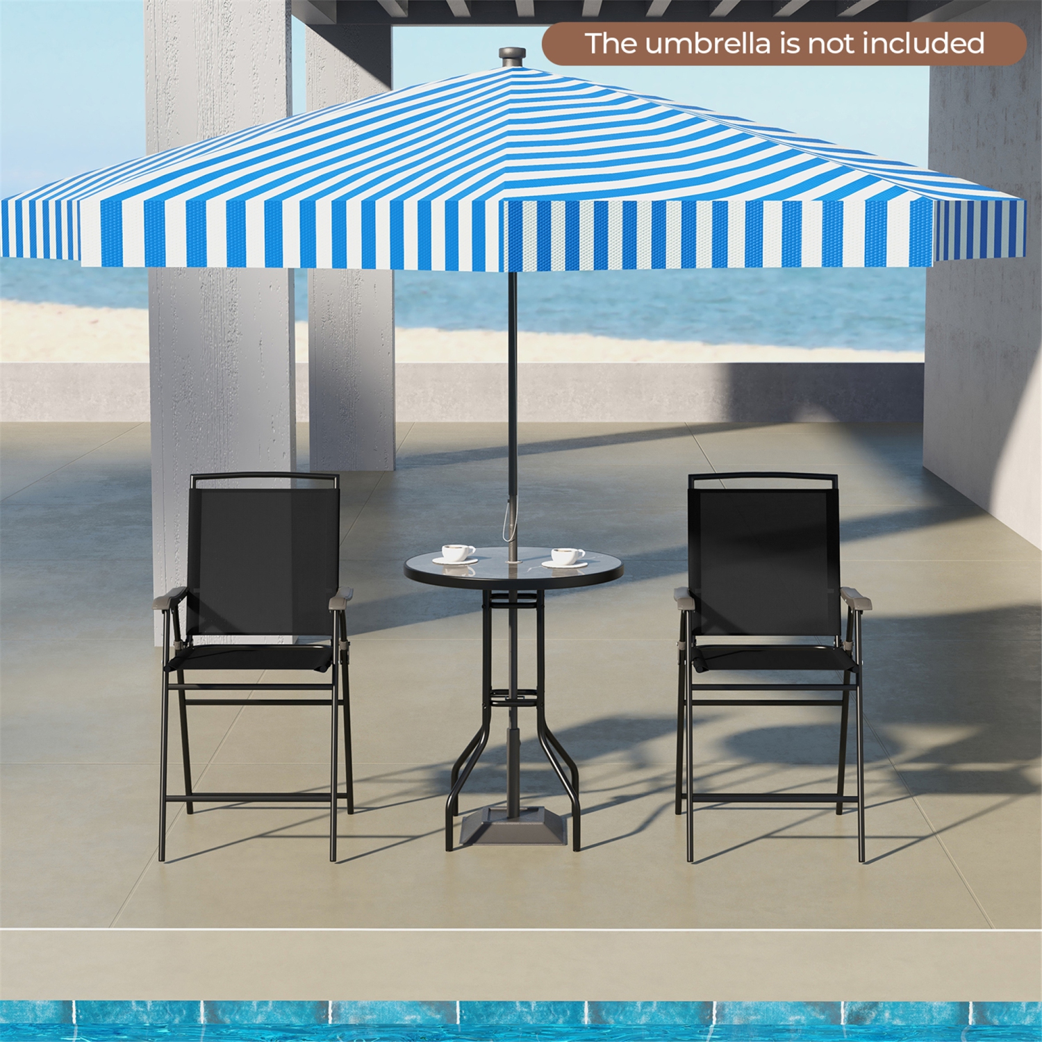 Gymax 3 PCS Outdoor Bar Stool Set w/ DPC Tabletop Umbrella Hole & Footrest 2 Chairs